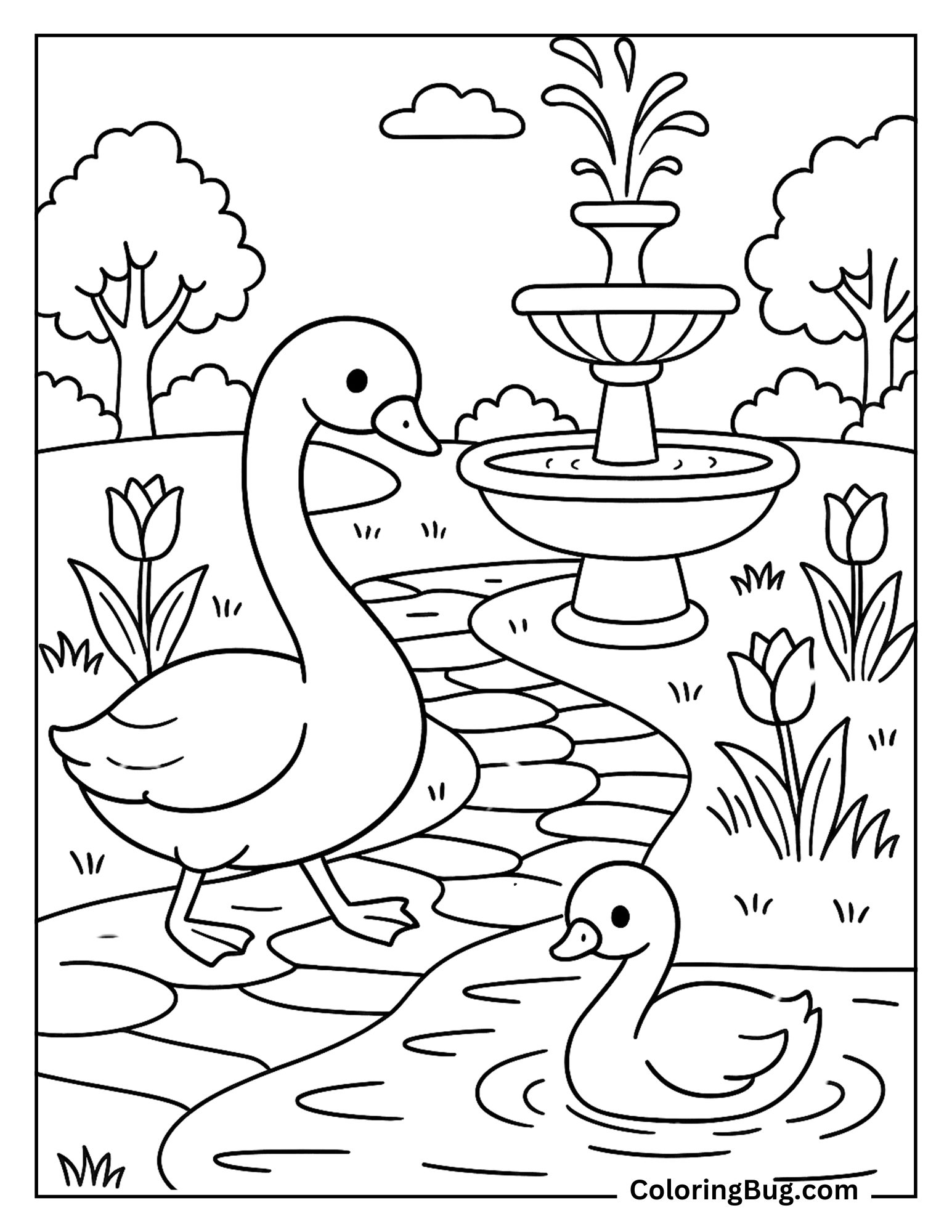 Swan Walking on a Garden Path Near a Fountain Coloring Sheet