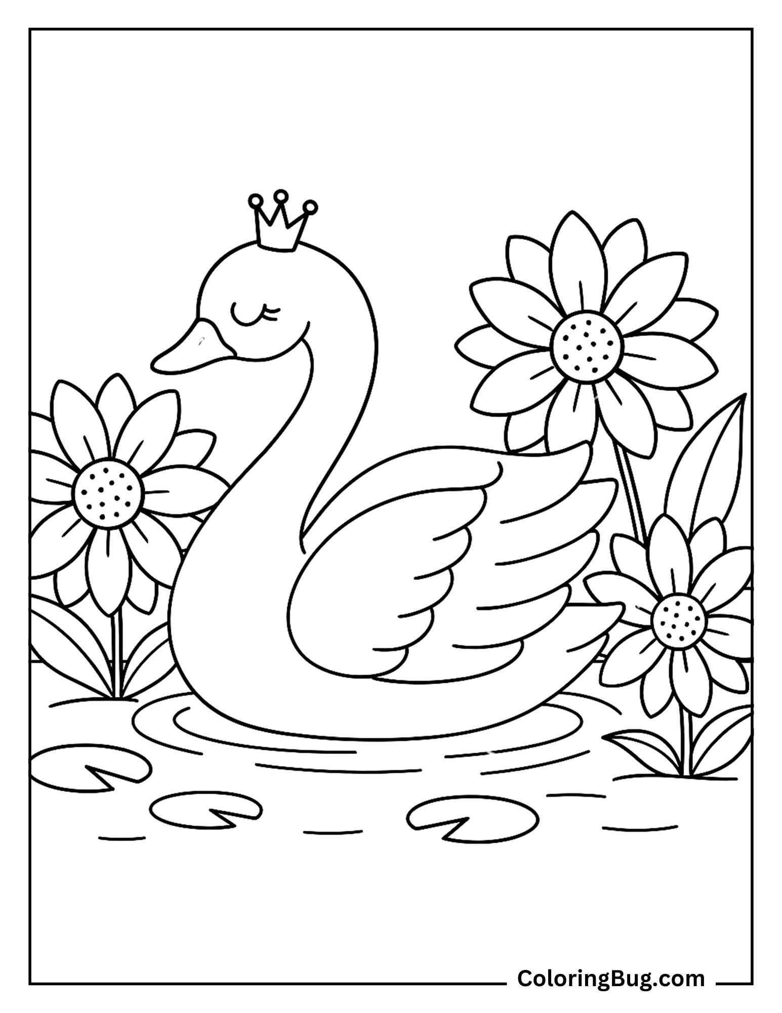 Swan Wearing Crown With Big Flowers Coloring Sheet