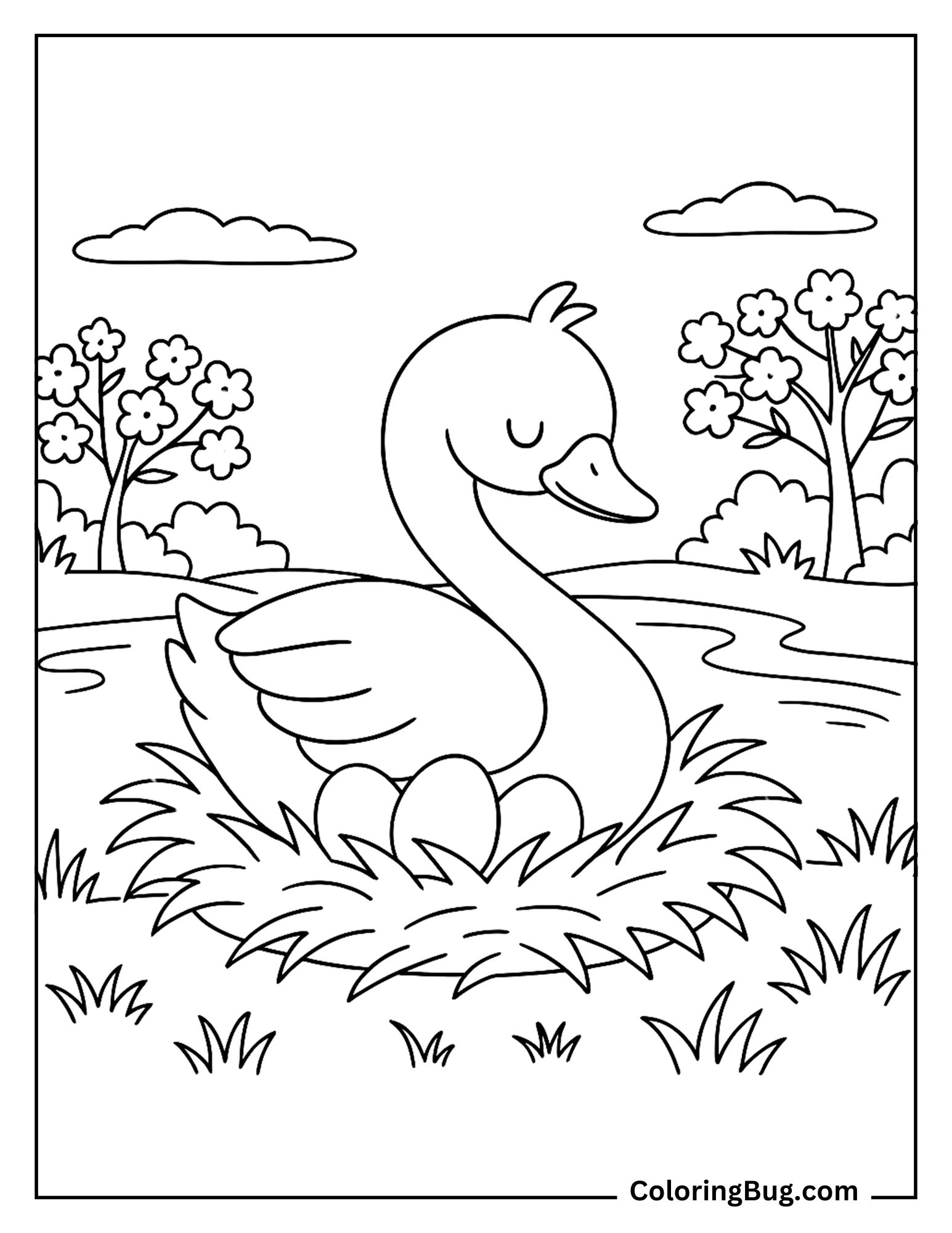 Swan in Nest With Eggs Coloring Sheet