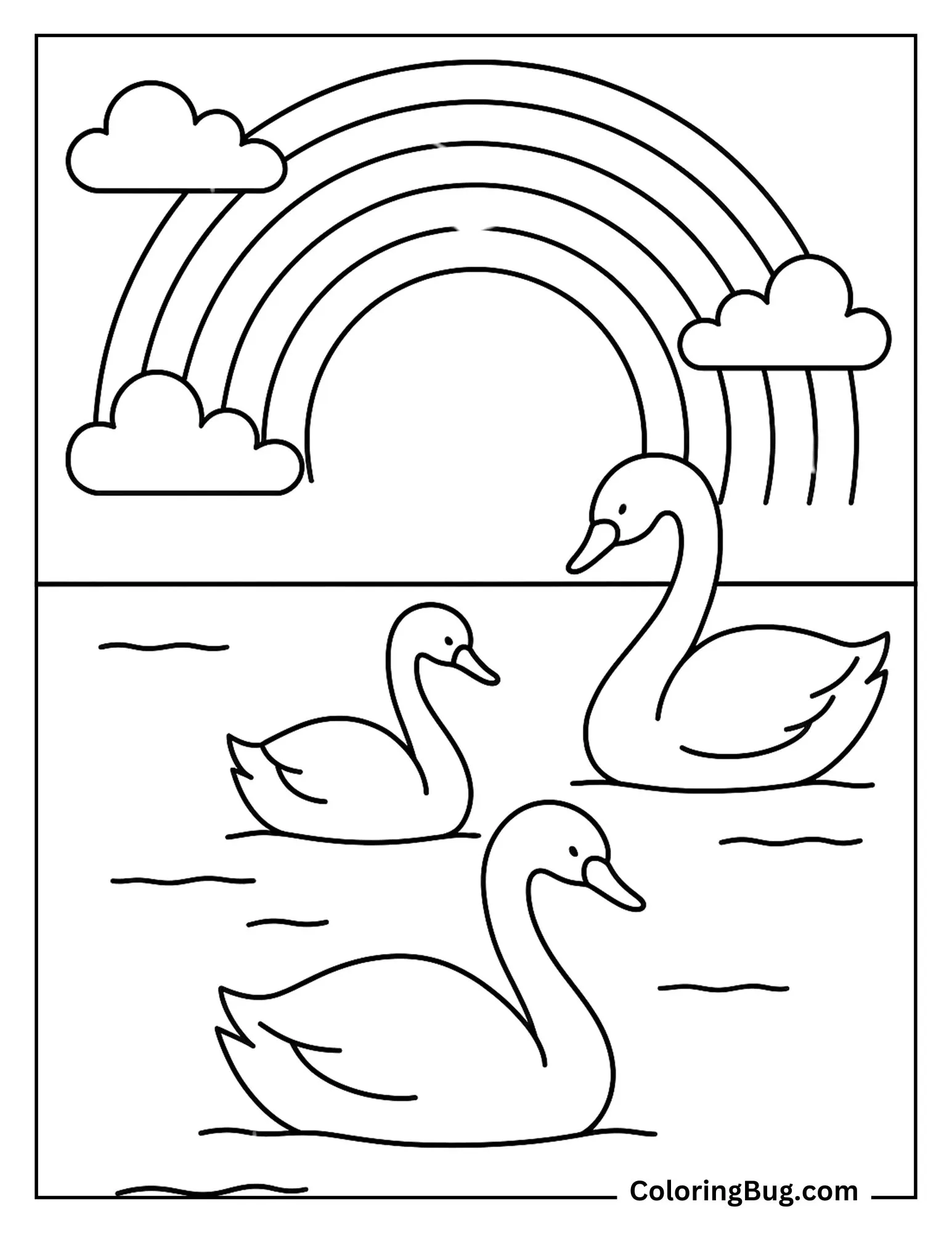 Swans Gliding Under Rainbow Arch Coloring Sheet