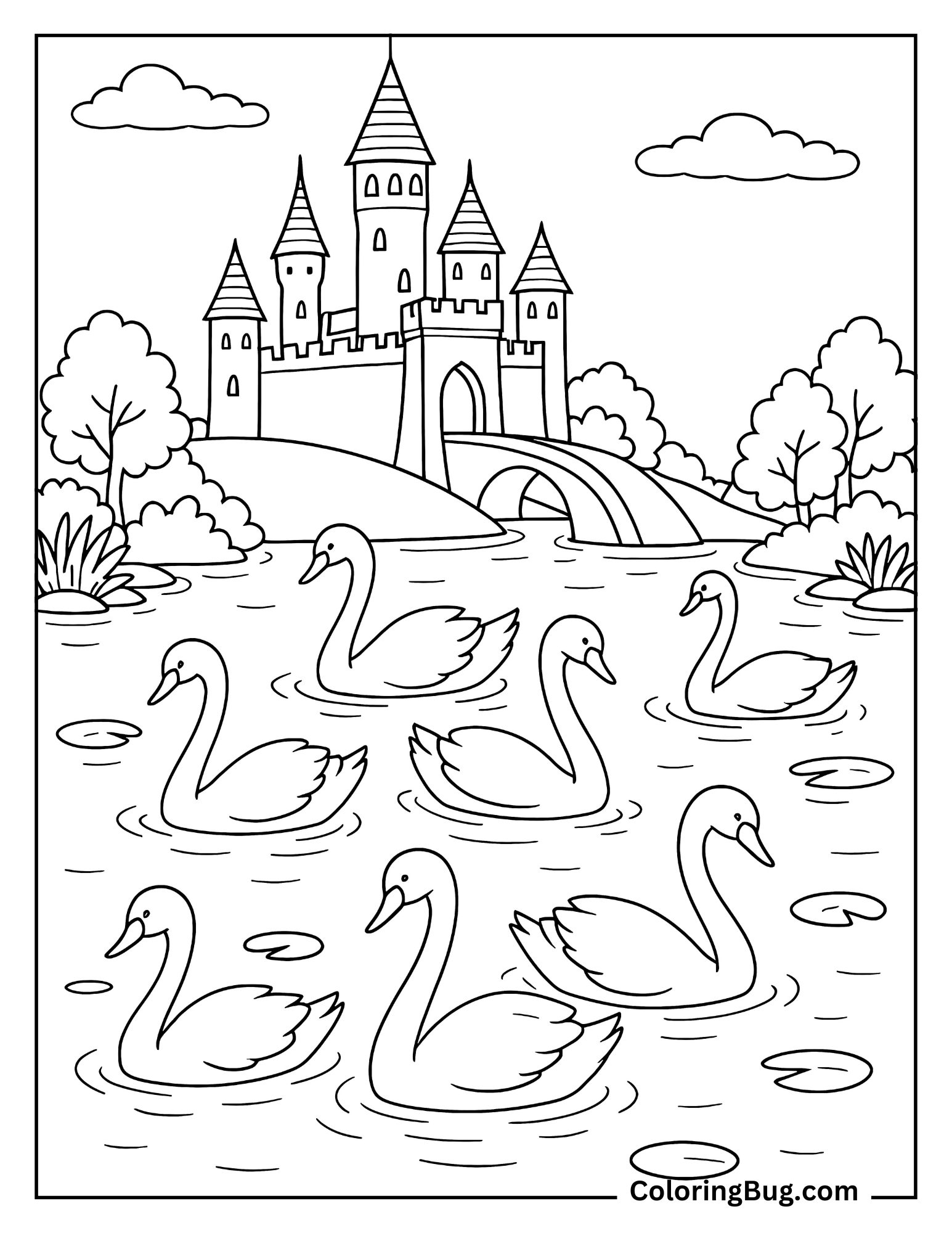 Swans Swimming in Front of Castle Coloring Sheet