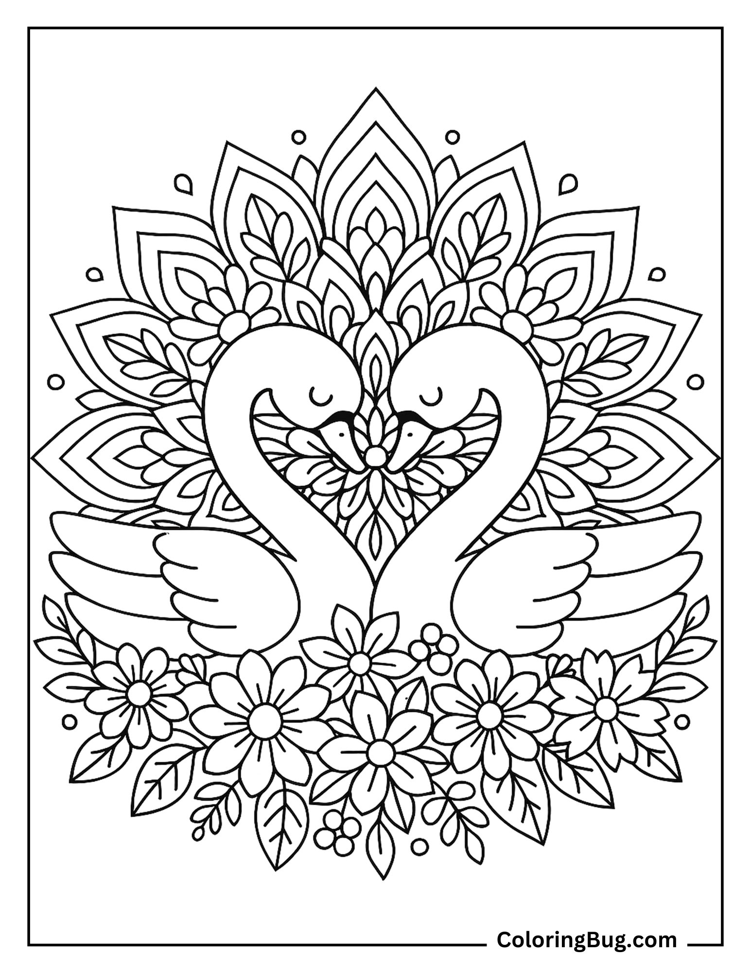 Swans With Flowers Mandala Coloring Sheet