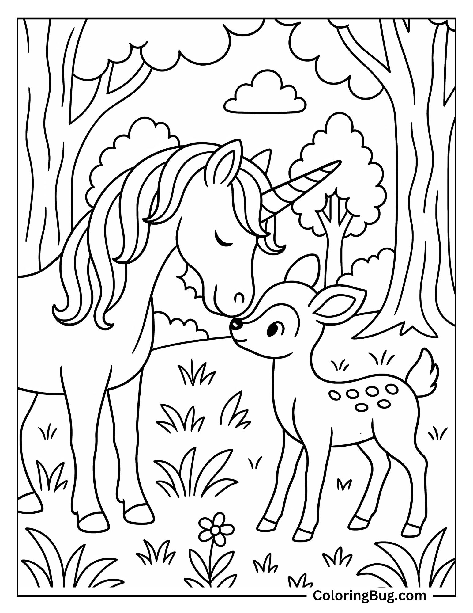 Sweet Interaction Between Deer and Unicorn Coloring Sheet