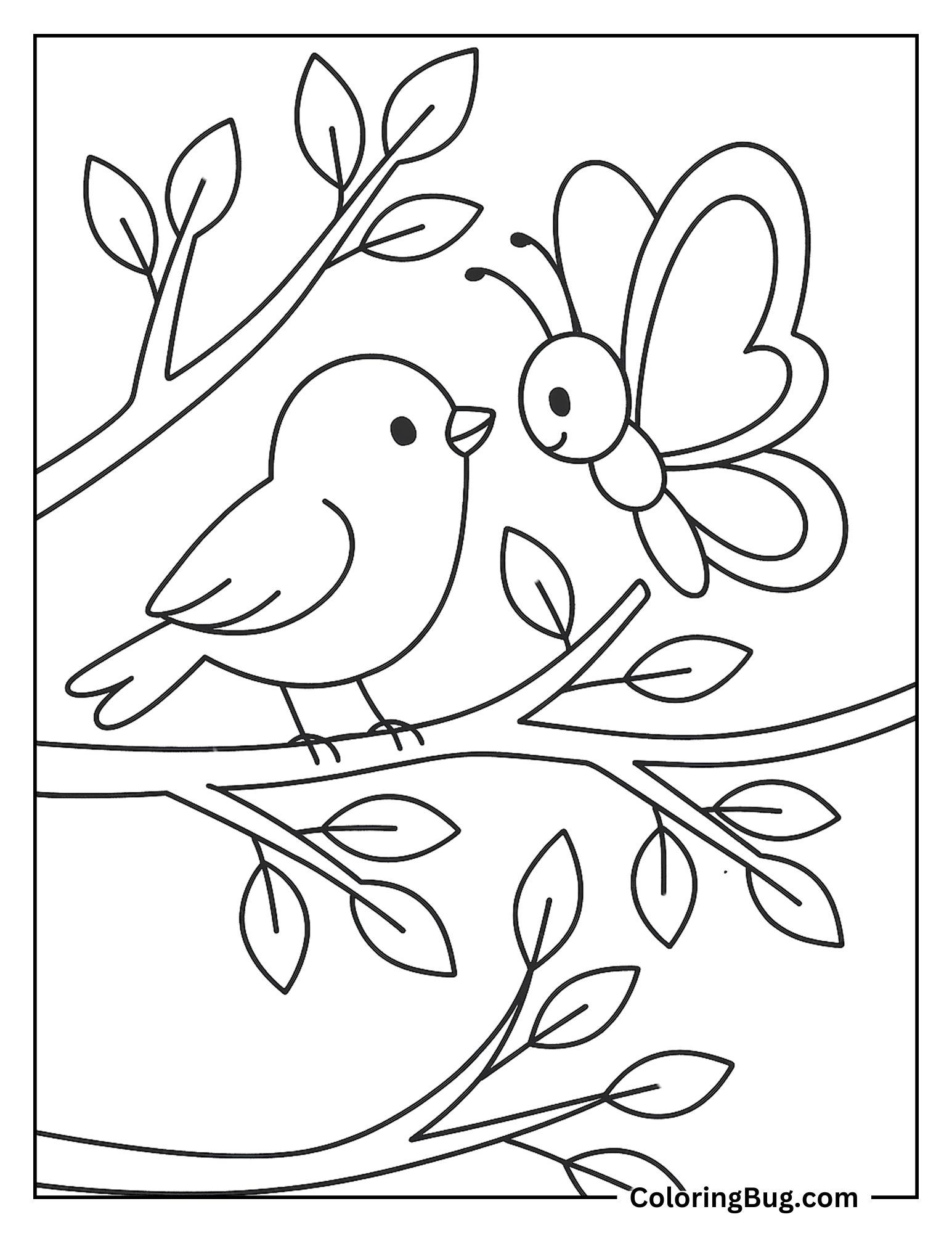 Sweet Moment Between a Bird and a Butterfly Coloring Sheet