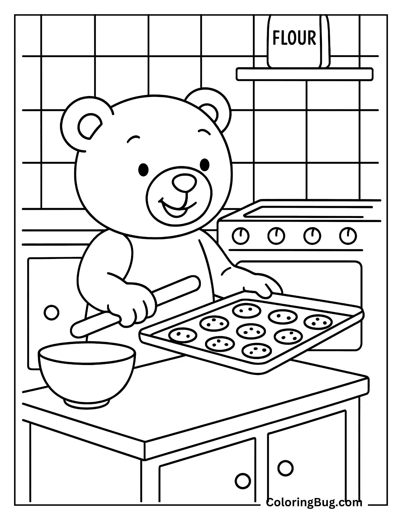 Teddy Bear Baking Cookies in the Kitchen Coloring Sheet
