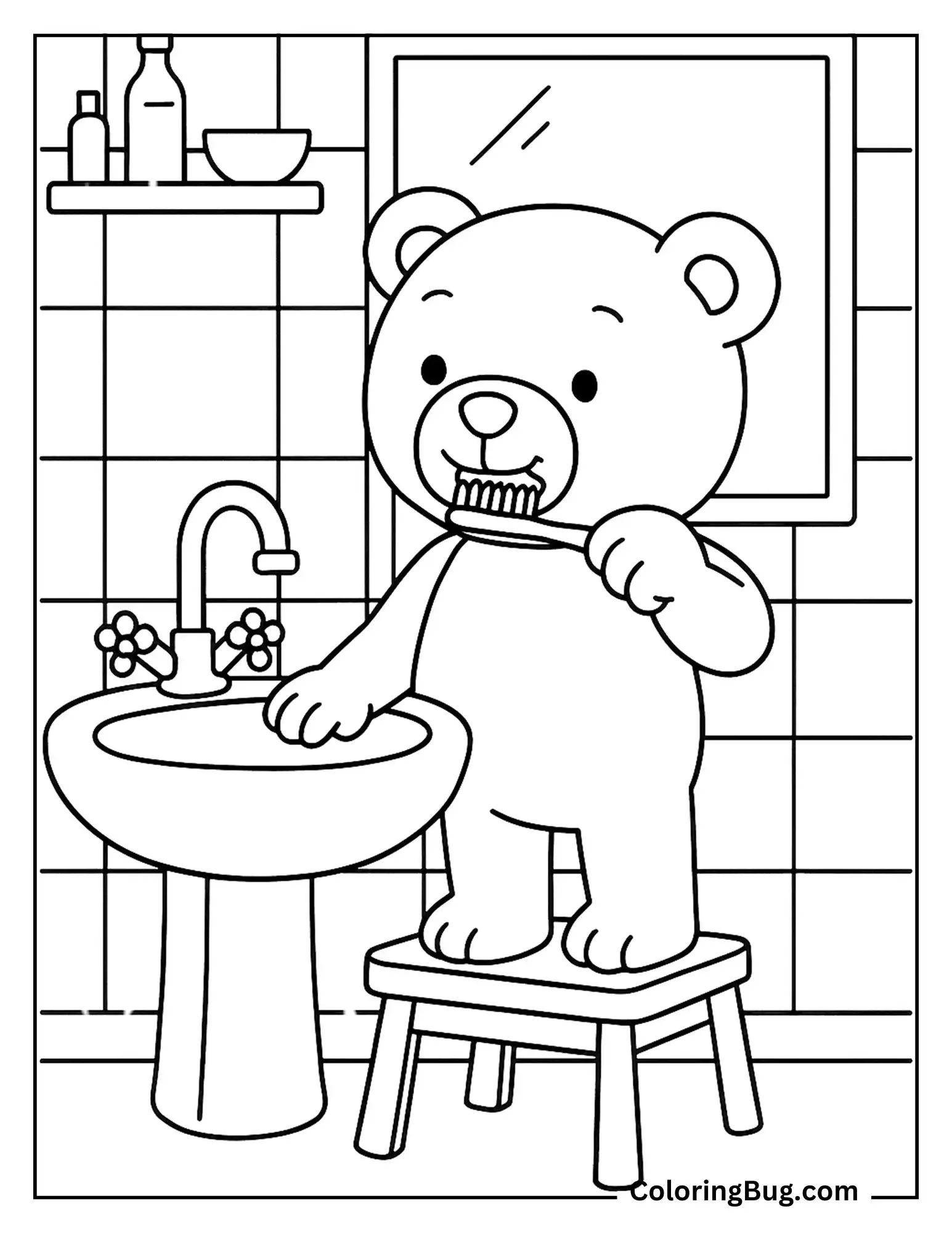 Teddy Bear Brushing Teeth in the Bathroom Coloring Sheet
