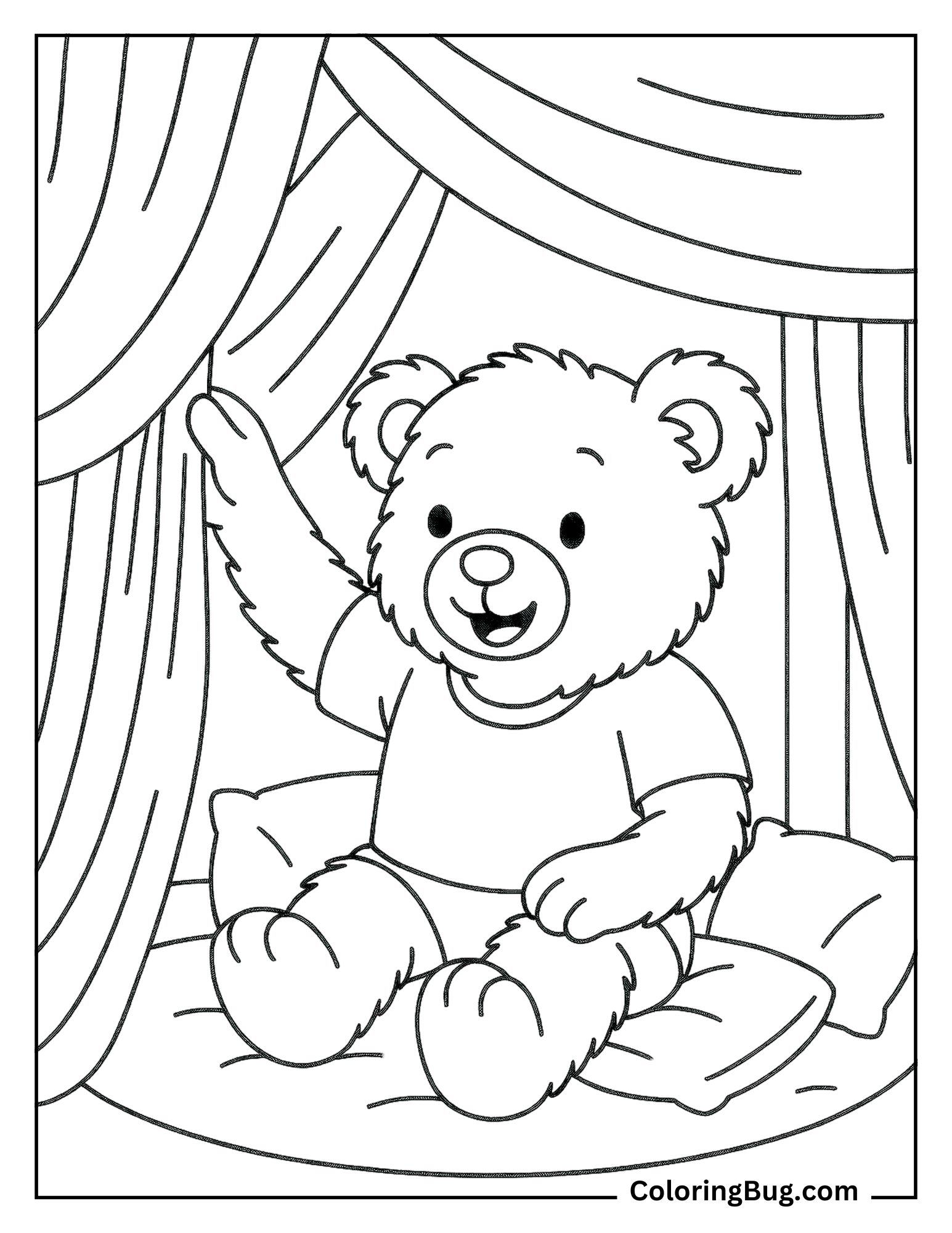 Teddy Bear Building a Blanket Fort Coloring Sheet
