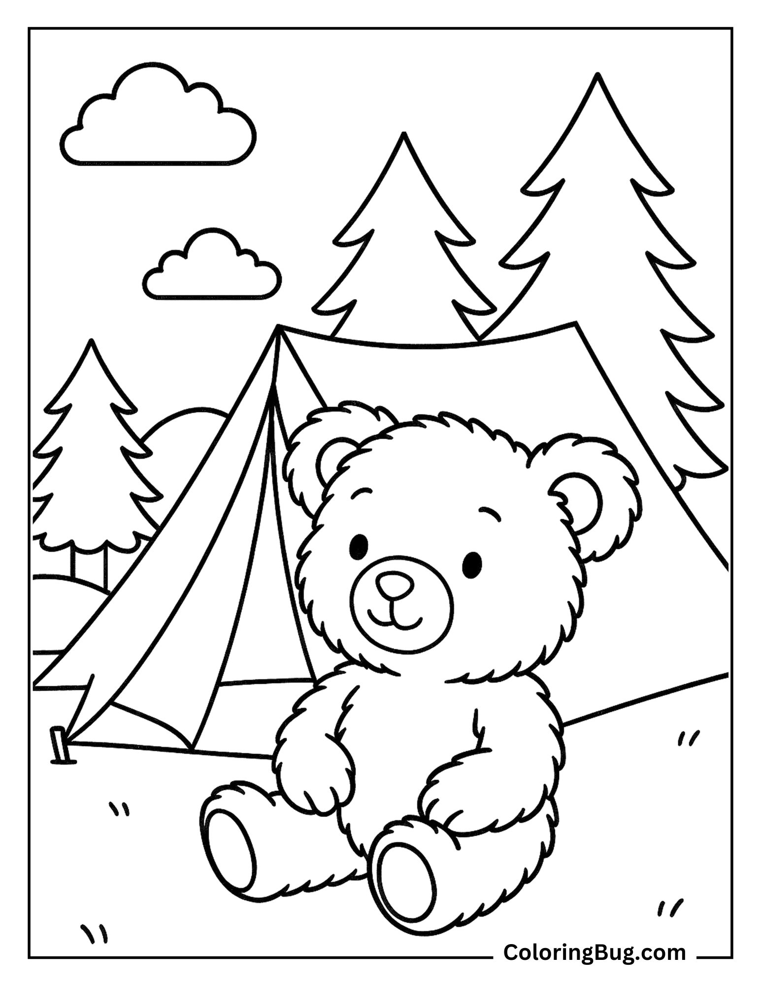 Teddy Bear Camping in the Forest With a Tent Coloring Sheet