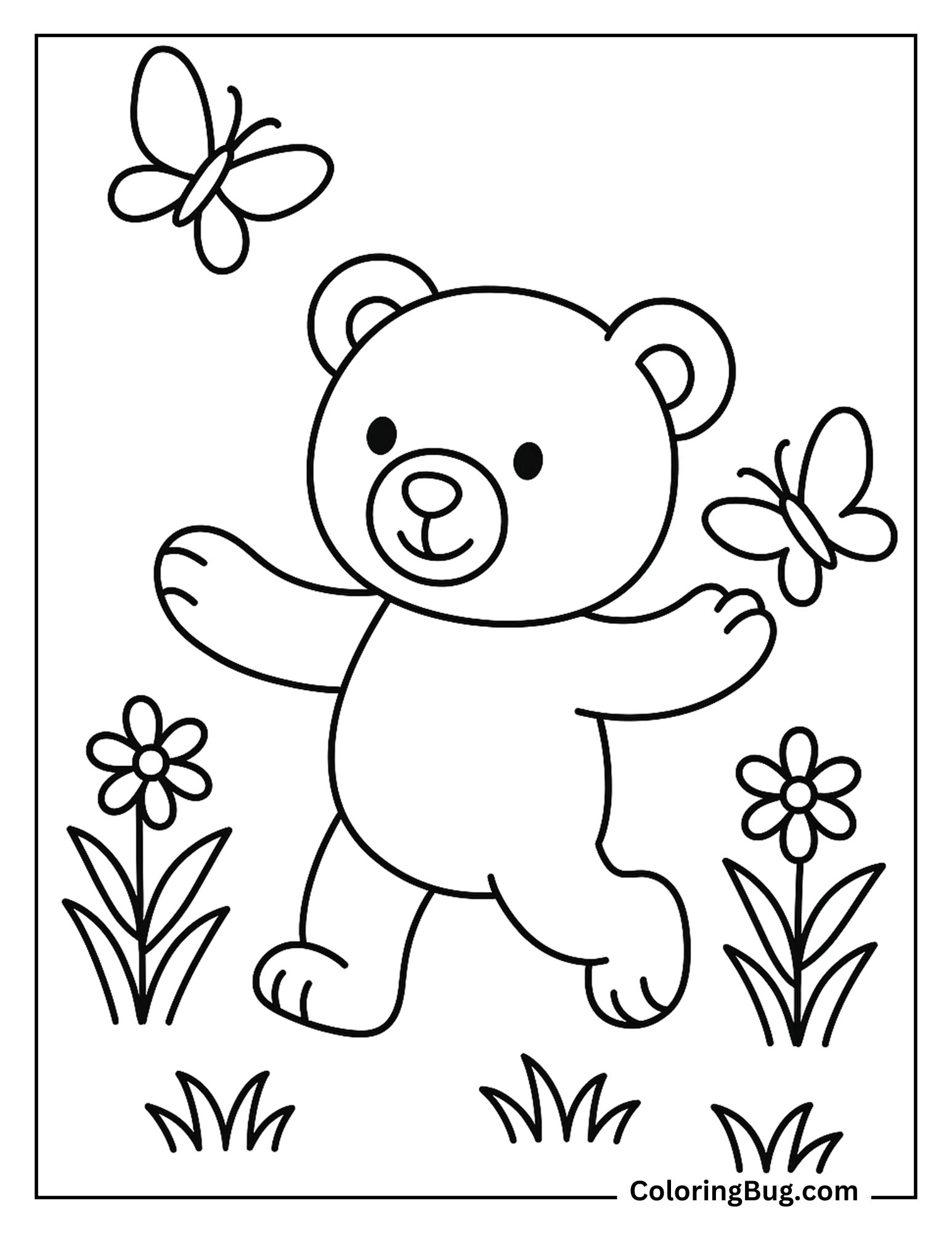 Teddy Bear Chasing Butterflies Coloring Sheet