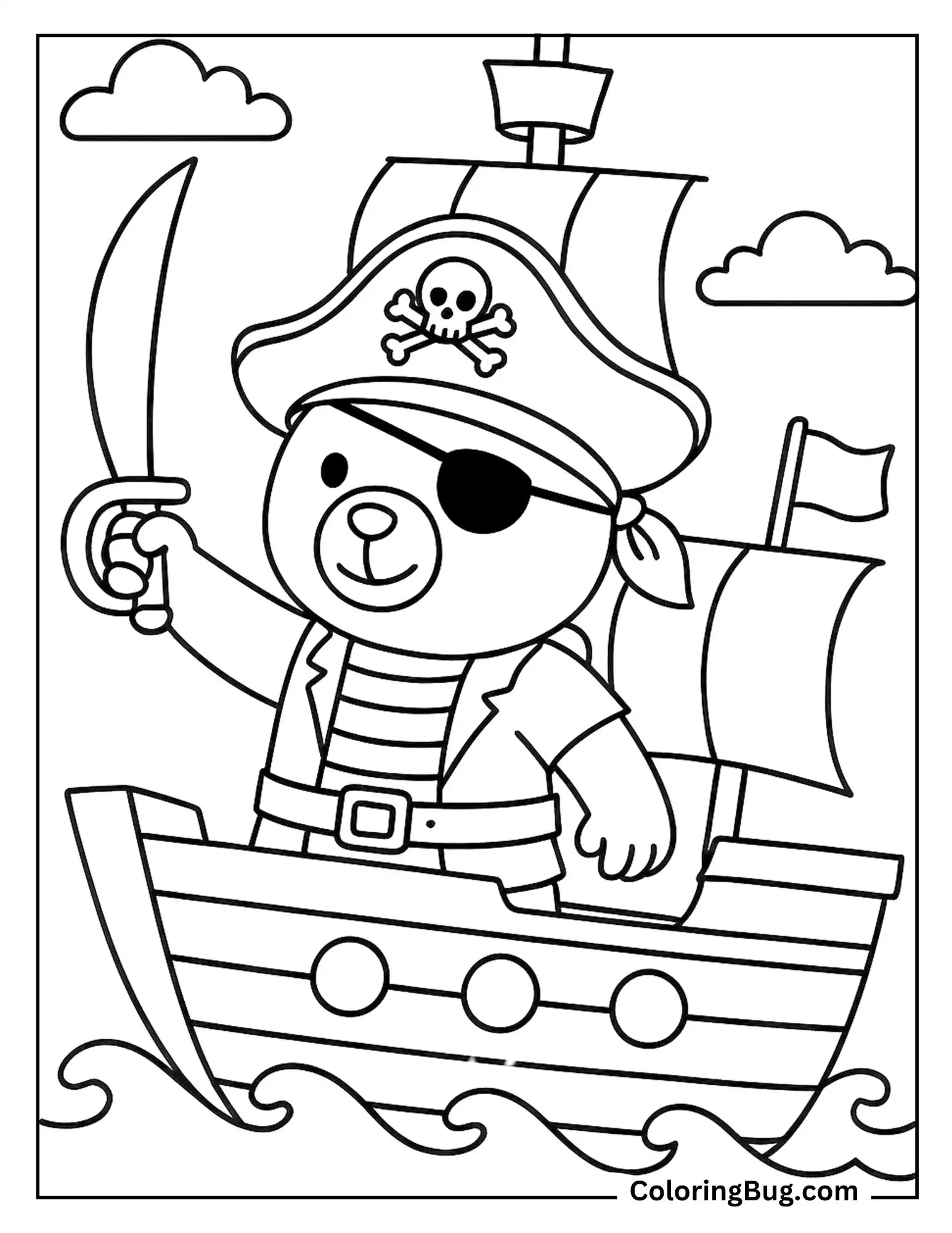 Teddy Bear Dressed as a Pirate on a Pretend Ship Coloring Sheet