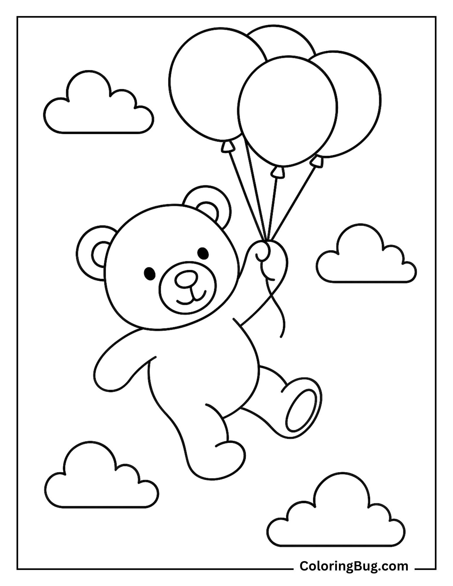Teddy Bear Floating in Sky With Balloons Coloring Sheet