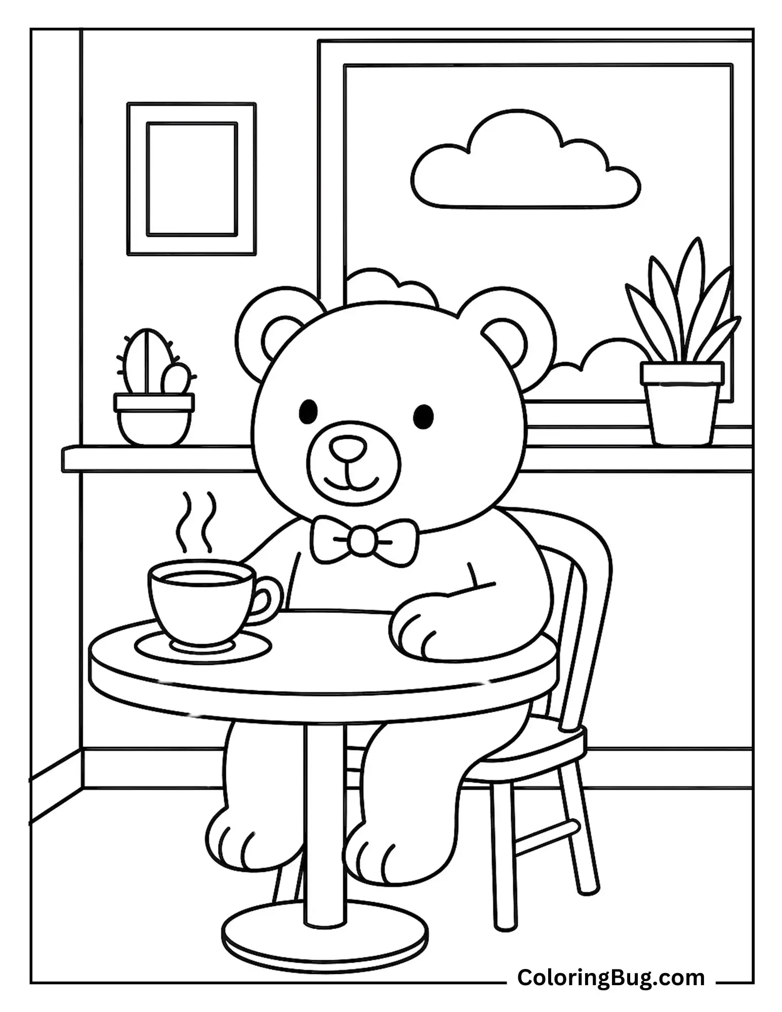 Teddy Bear Having Cup of Tea Coloring Sheet