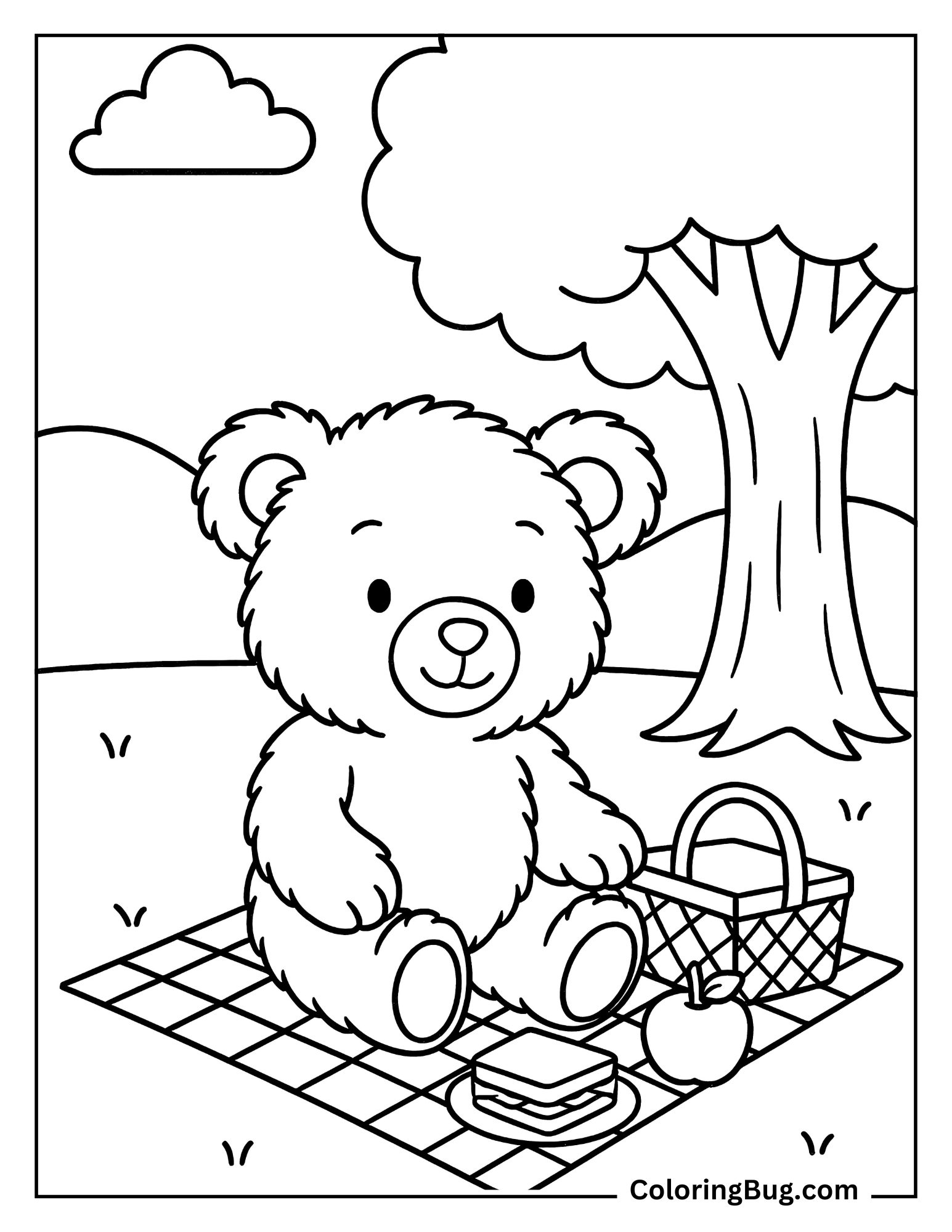 Teddy Bear Having Picnic in Meadow Coloring Sheet
