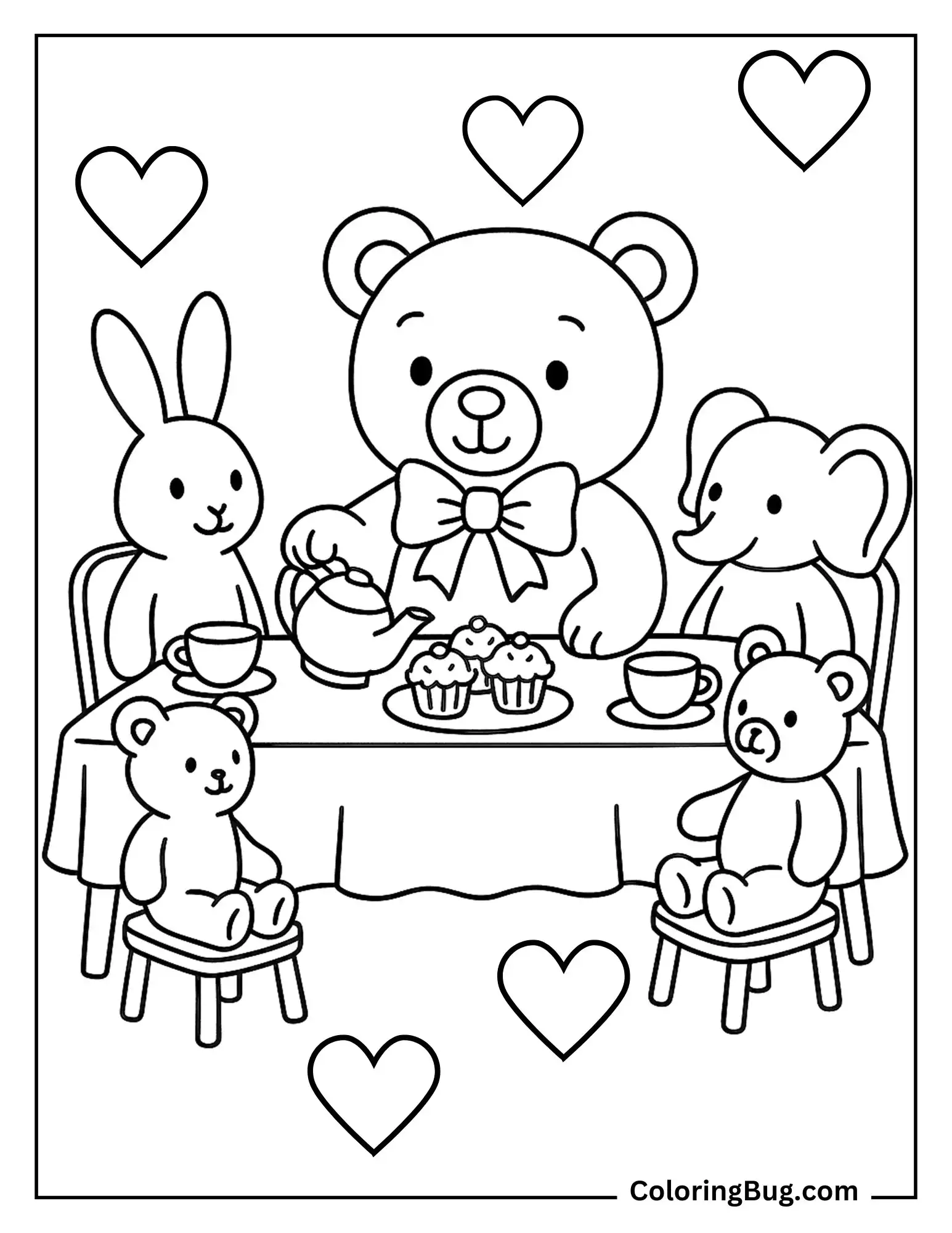 Teddy Bear Hosting a Tea Party With Plush Friends Coloring Sheet