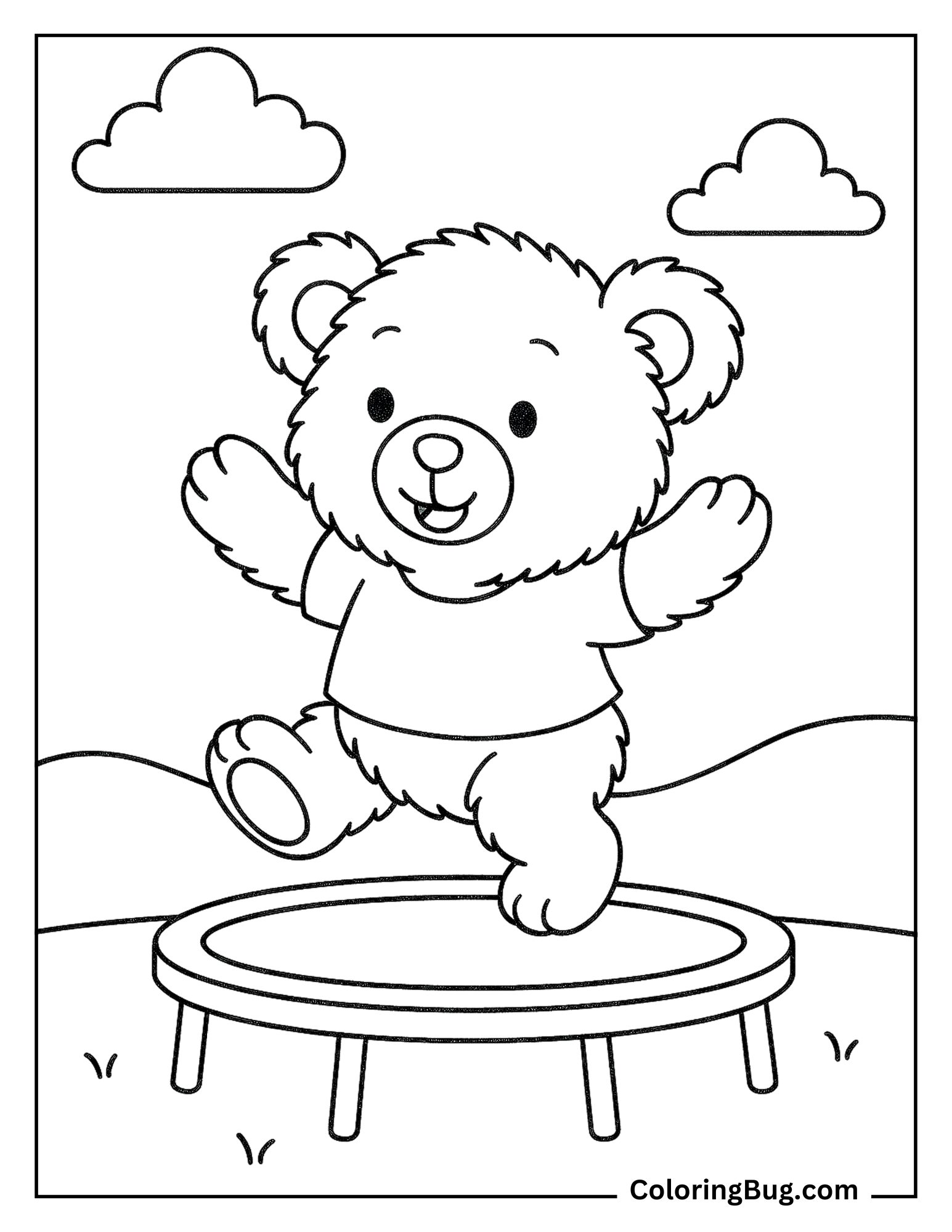 Teddy Bear Jumping on a Trampoline Coloring Sheet