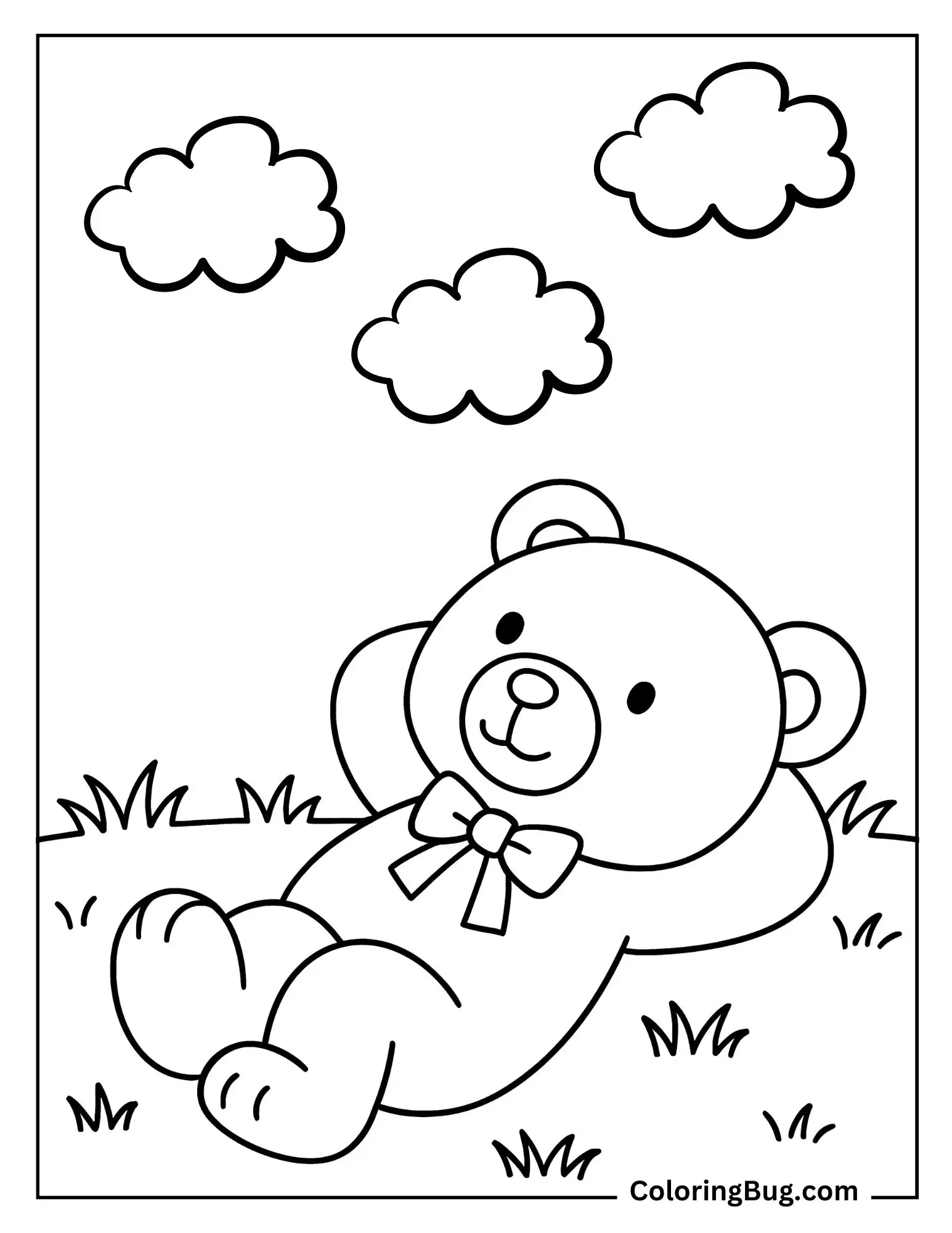 Teddy Bear Lying on Grass Watching Clouds Coloring Sheet