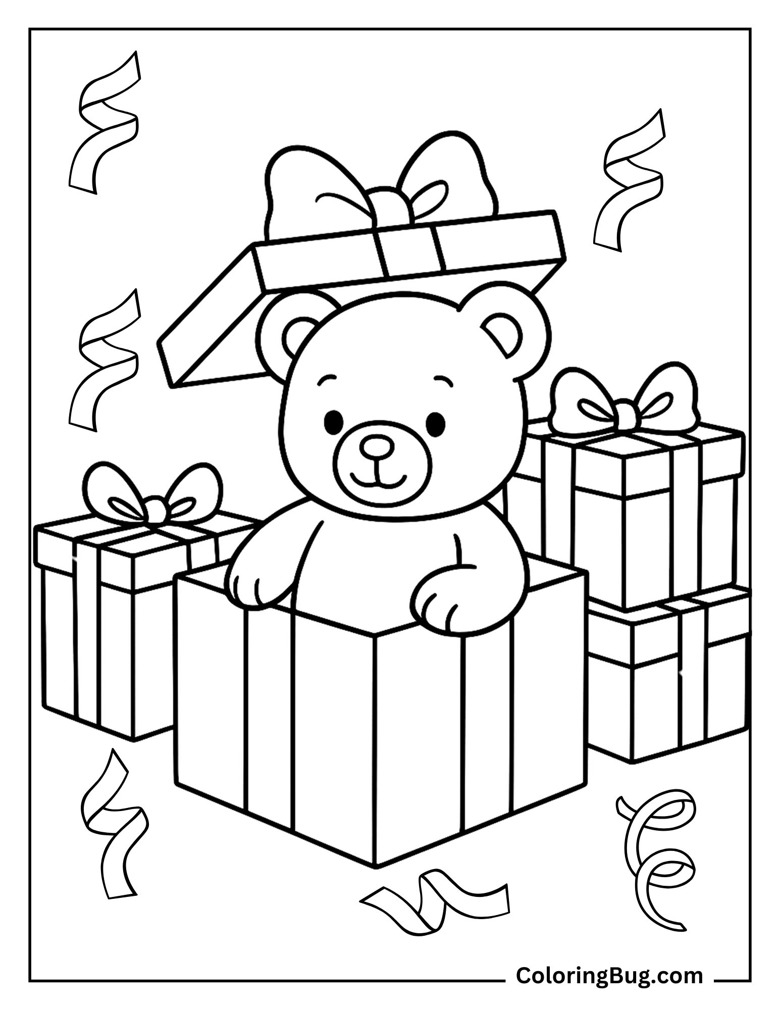 Teddy Bear Peeking Out of Gift Box Coloring Sheet