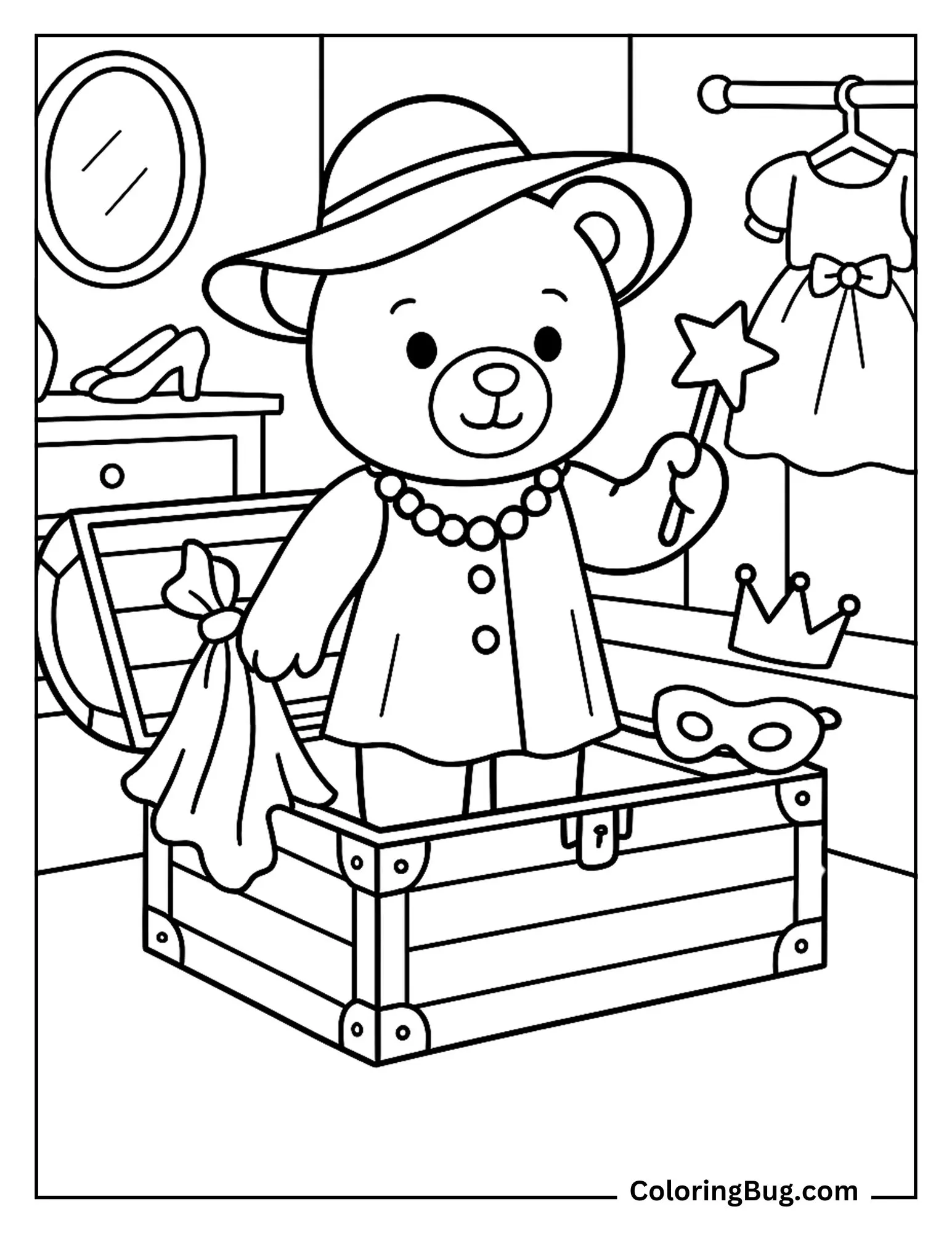 Teddy Bear Playing Dress-up in Costume Trunk Coloring Sheet