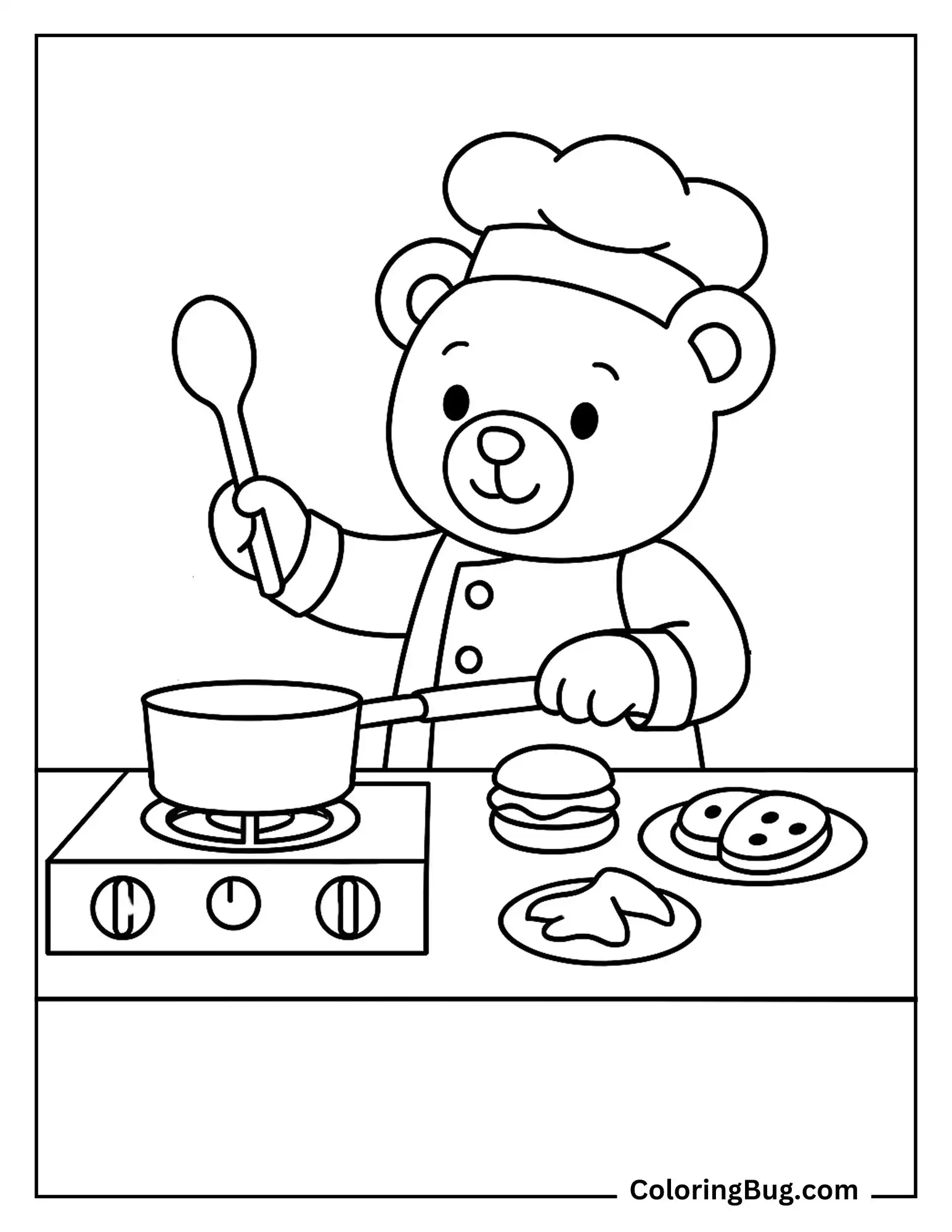 Teddy Bear Pretending To Be a Chef Cooking Toy Food Coloring Sheet