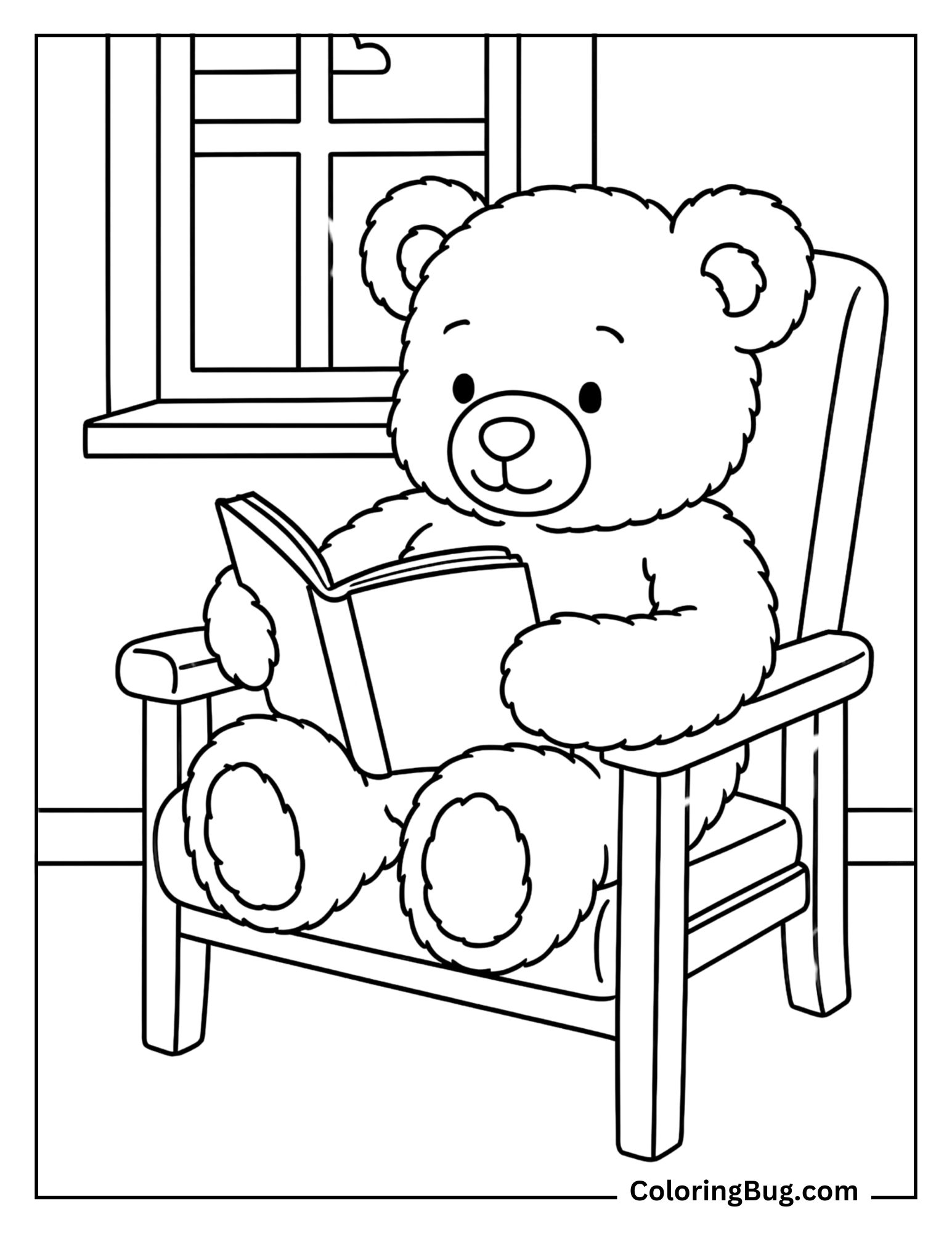 Teddy Bear Reading a Book By The Window Coloring Sheet