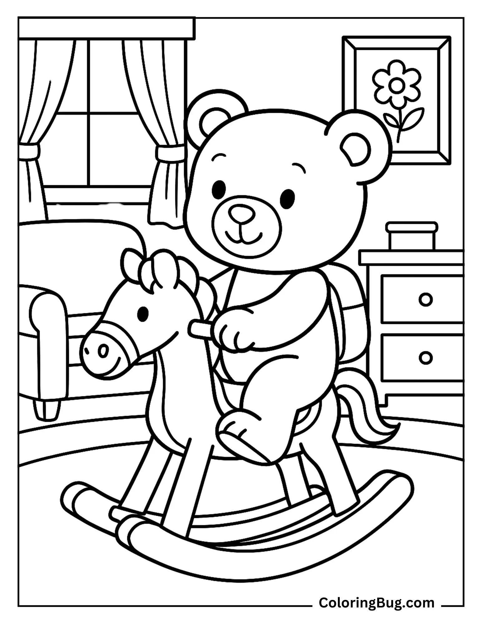 Teddy Bear Riding a Wooden Rocking Horse Coloring Sheet