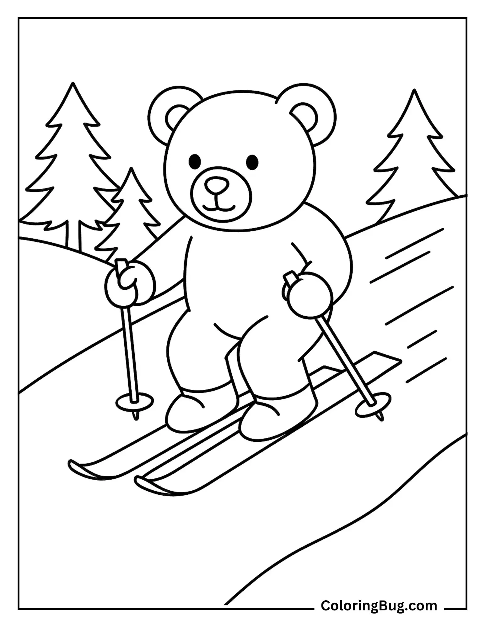 Teddy Bear Skiing Down a Snowy Hill Coloring Sheet