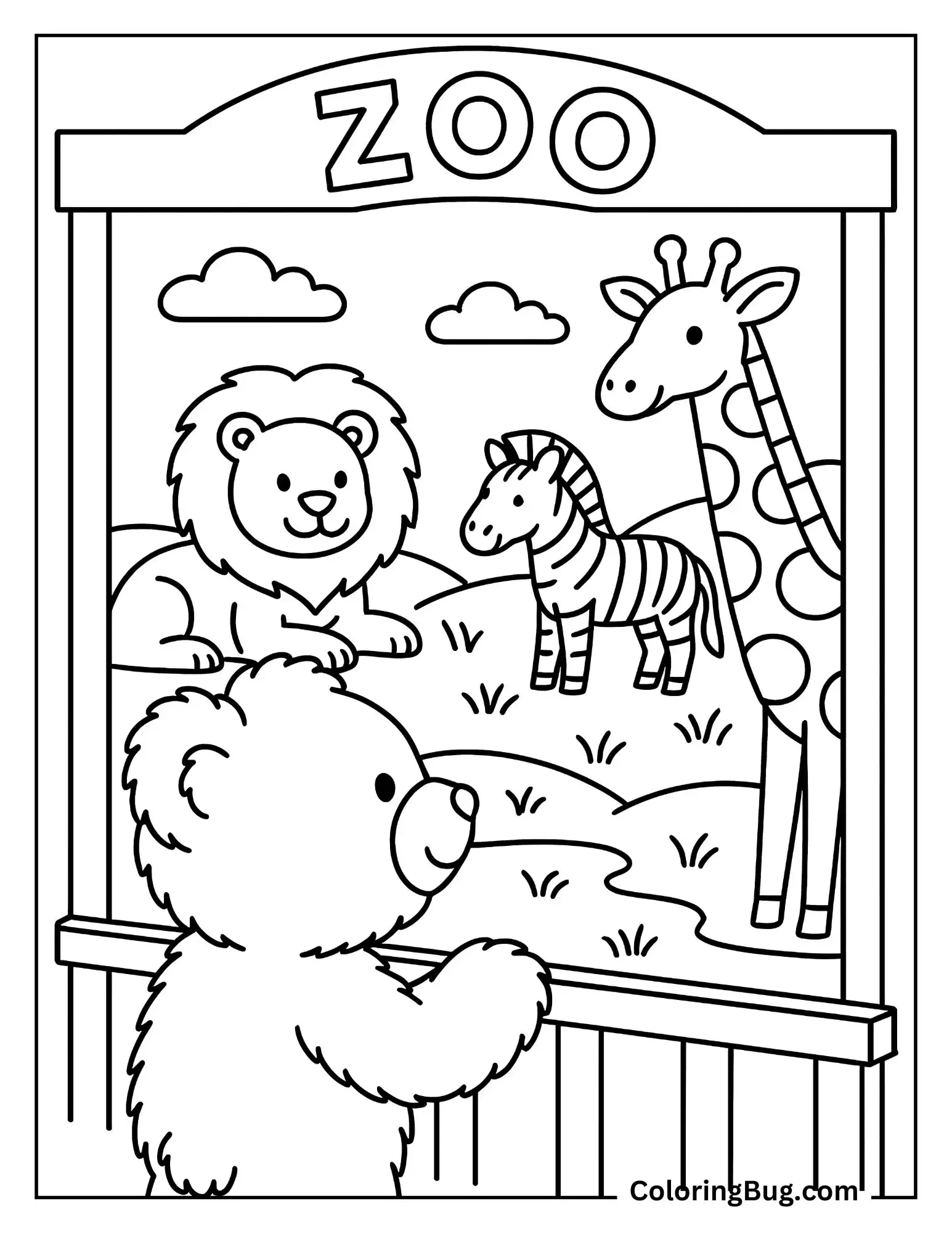 Teddy Bear Visiting a Zoo and Looking at Animals Coloring Sheet