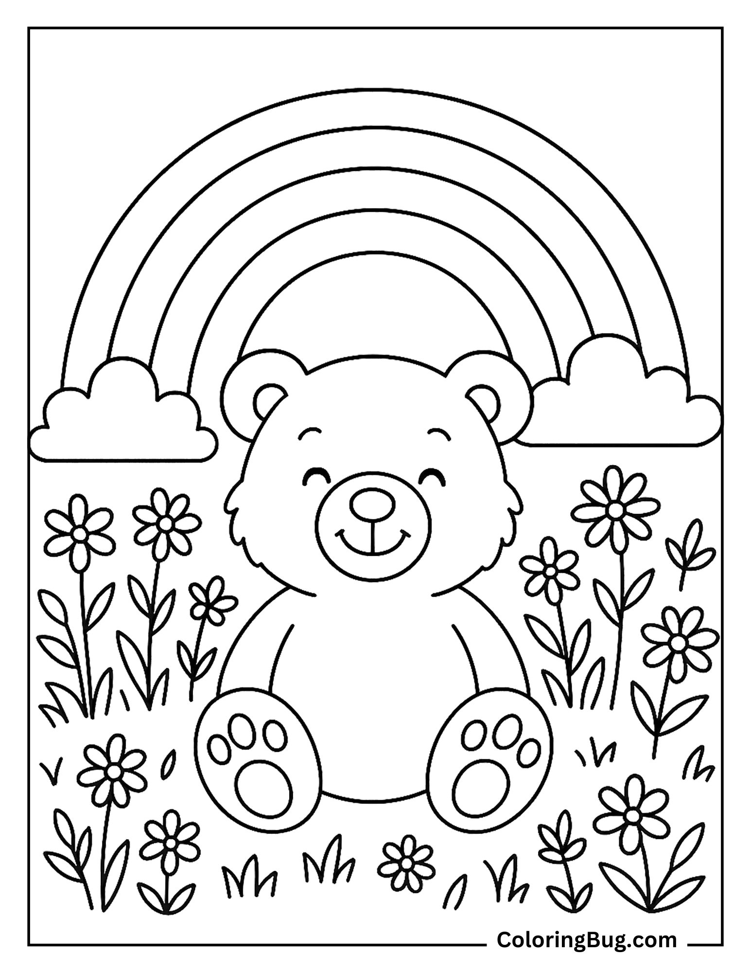 Teddy Bear With Rainbow And Flowers Coloring Sheet