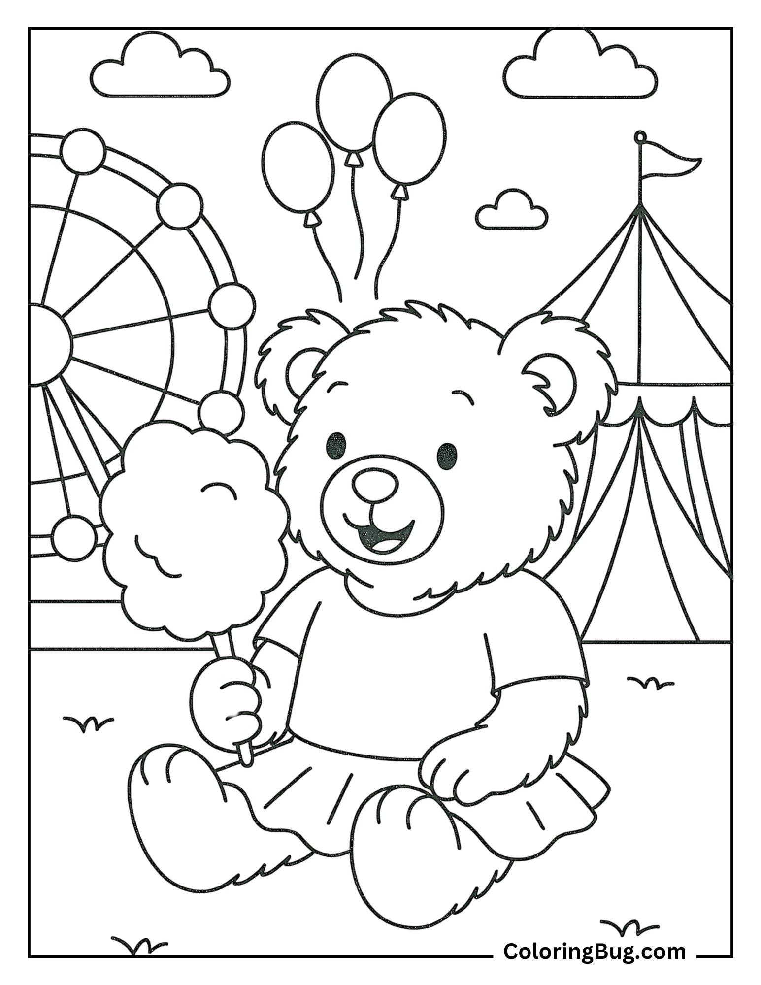 Teddy Bear at a Carnival Eating Cotton Candy Coloring Sheet