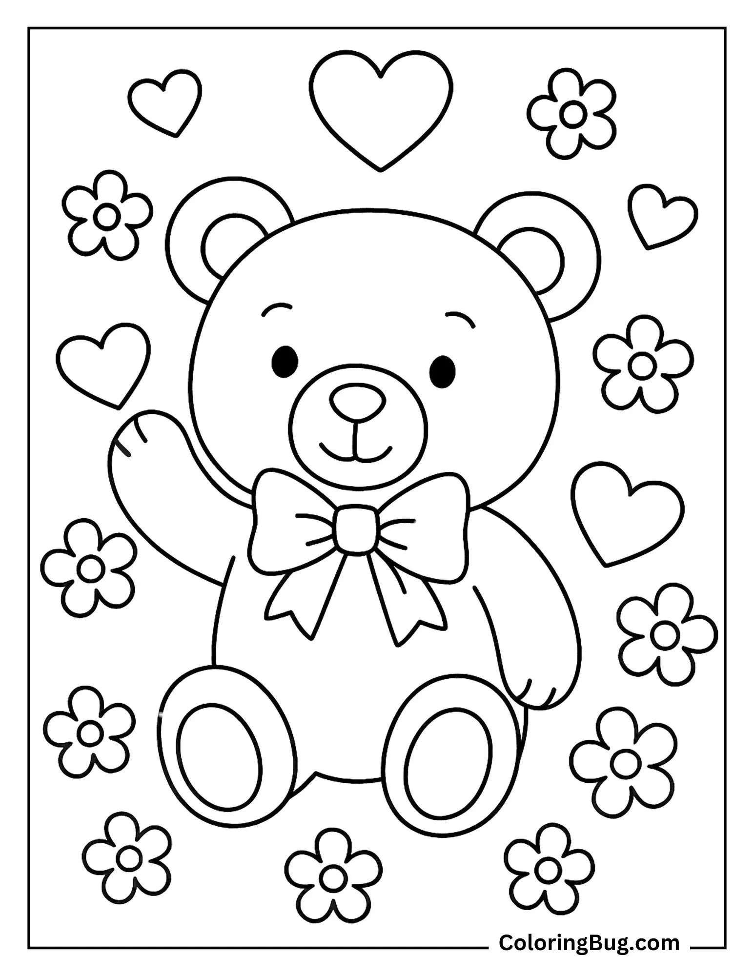Teddy Bear waving Surrounded By Hearts And Flowers Coloring Sheet