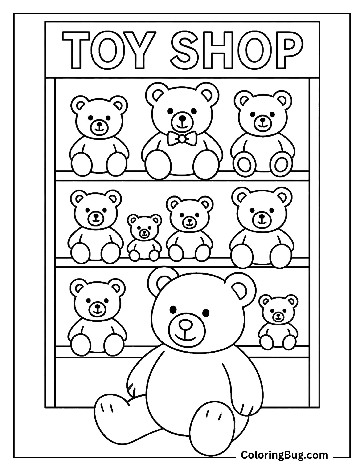 Toy Shop Shelf Full of Teddy Bears Coloring Sheet