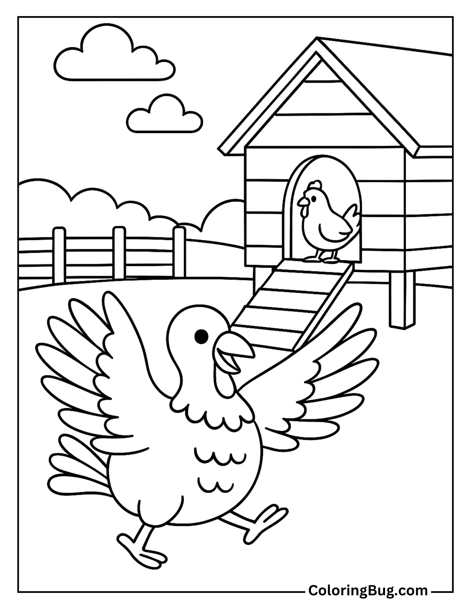 Turkey Flapping Wings Near the Chicken Coop Coloring Sheet