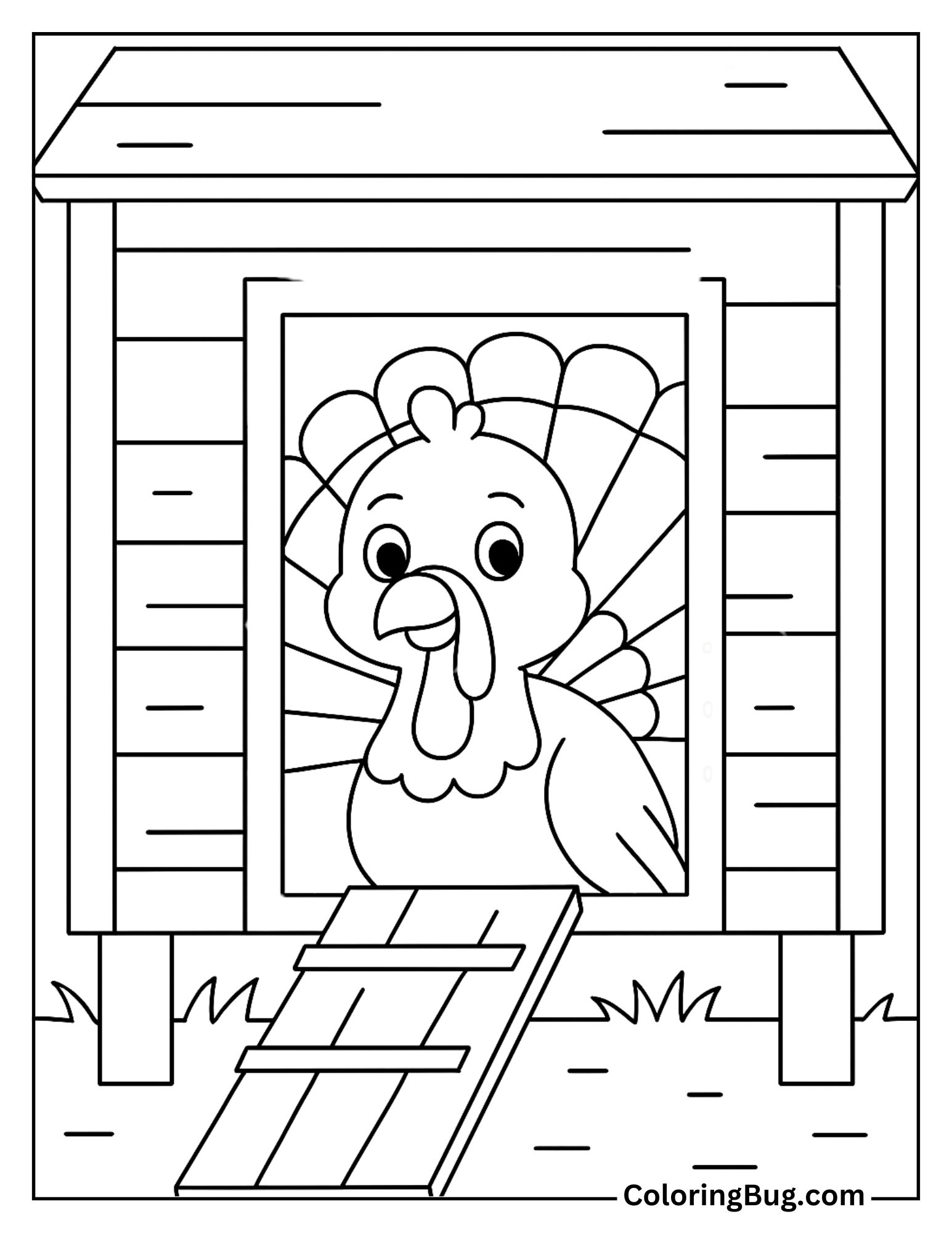 Turkey Peeking Out of a Coop Coloring Sheet