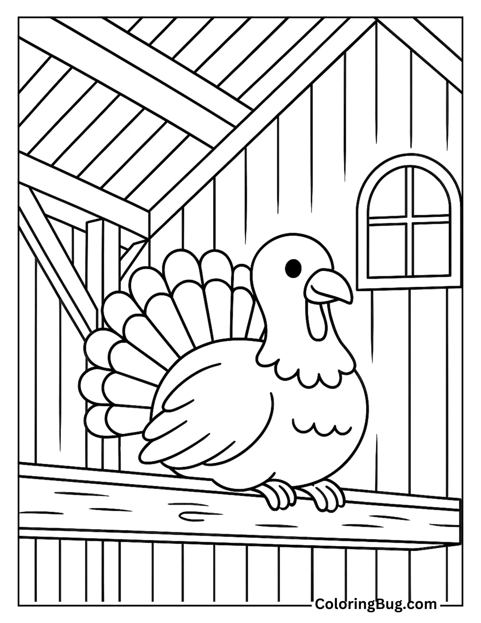 Turkey Roosting on a Wooden Beam Inside the Barn Coloring Sheet