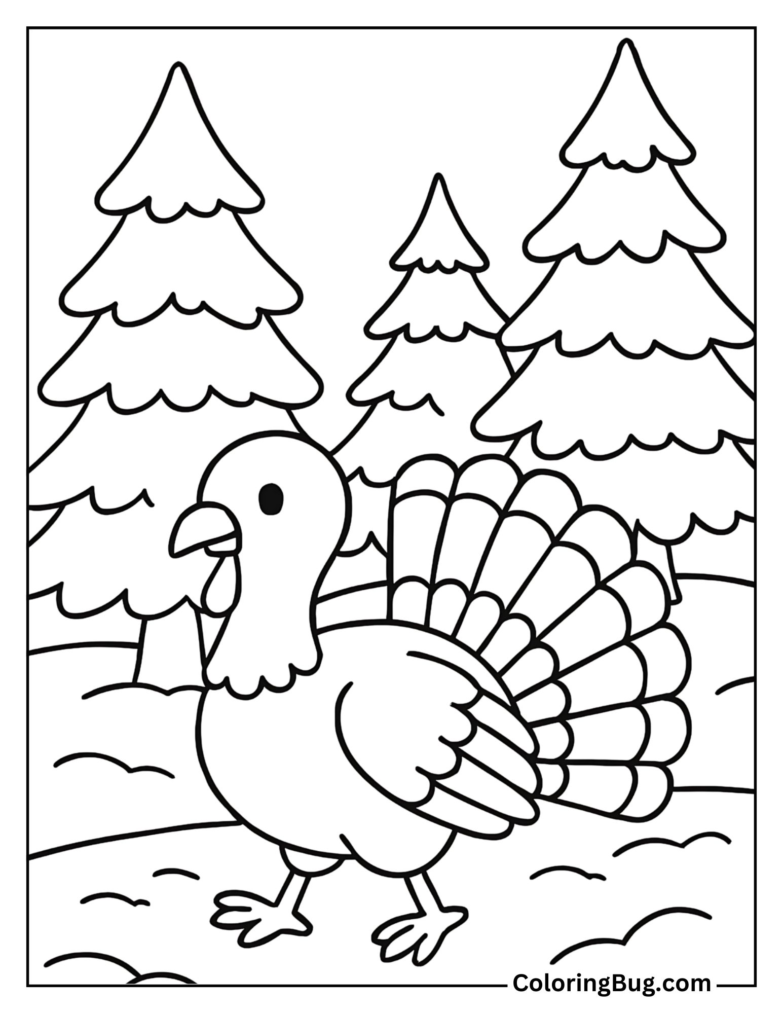 Turkey Walking Through Snow-Covered Woods Coloring Sheet
