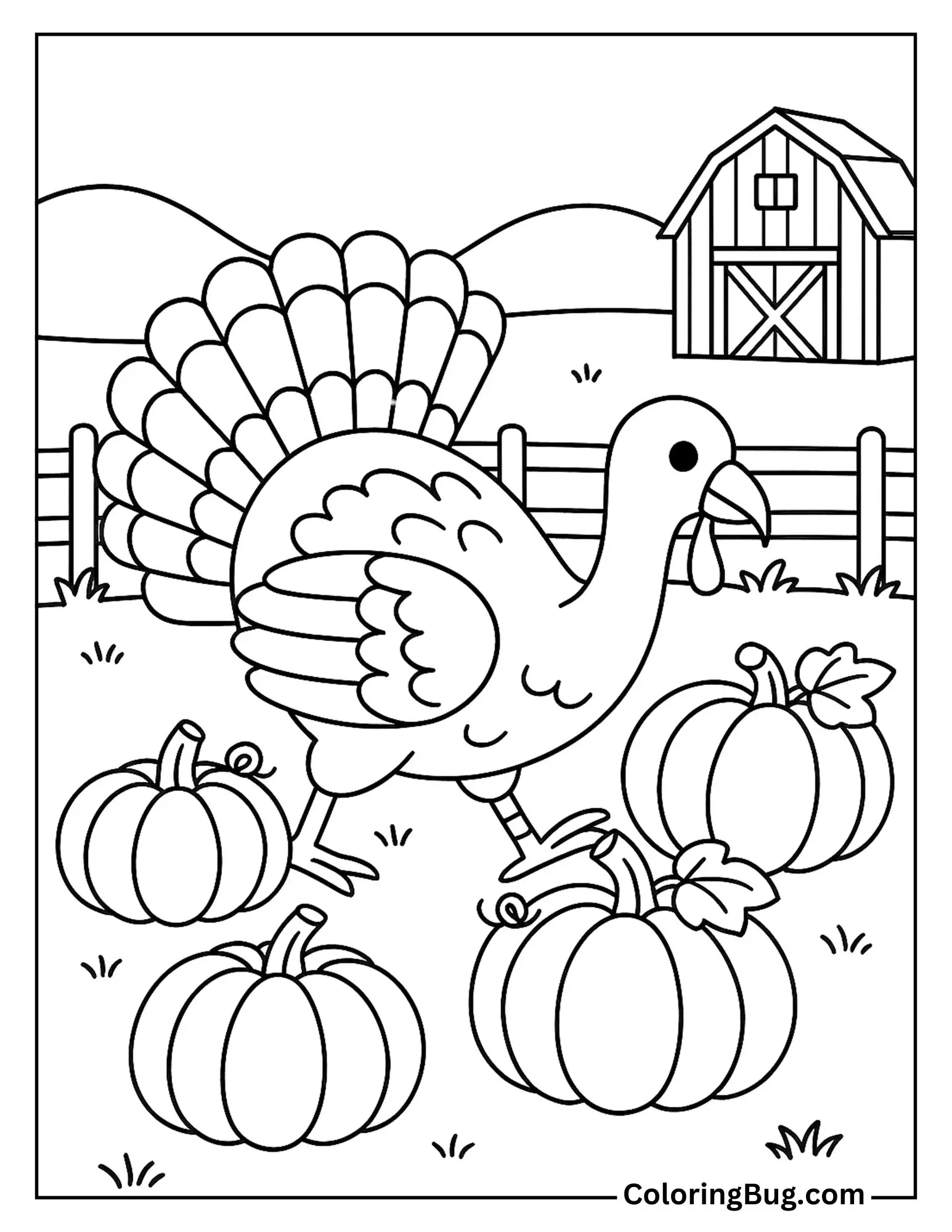 Turkey With Pumpkins Coloring Sheet