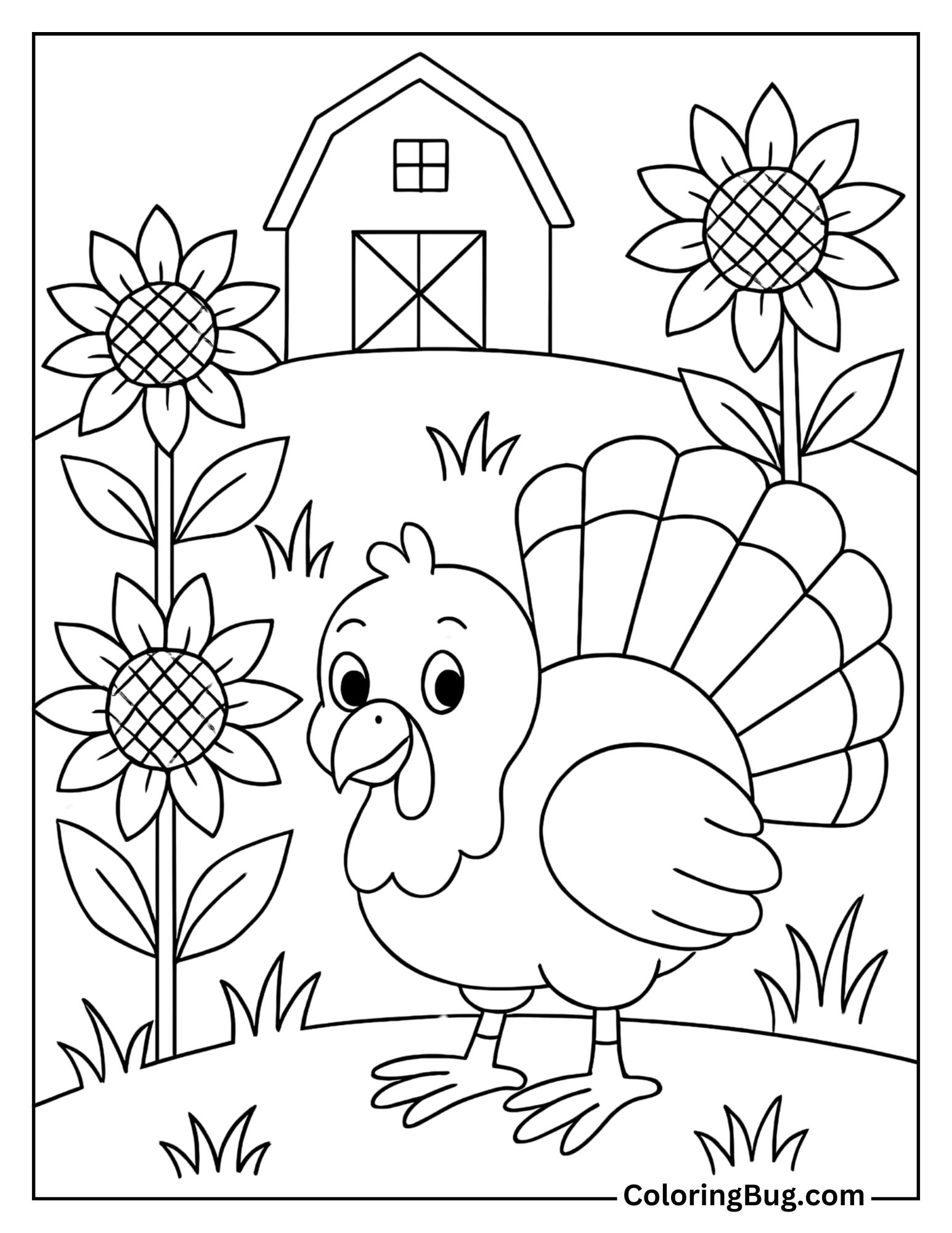Turkey in a Sunflower Field on a Farm Coloring Sheet