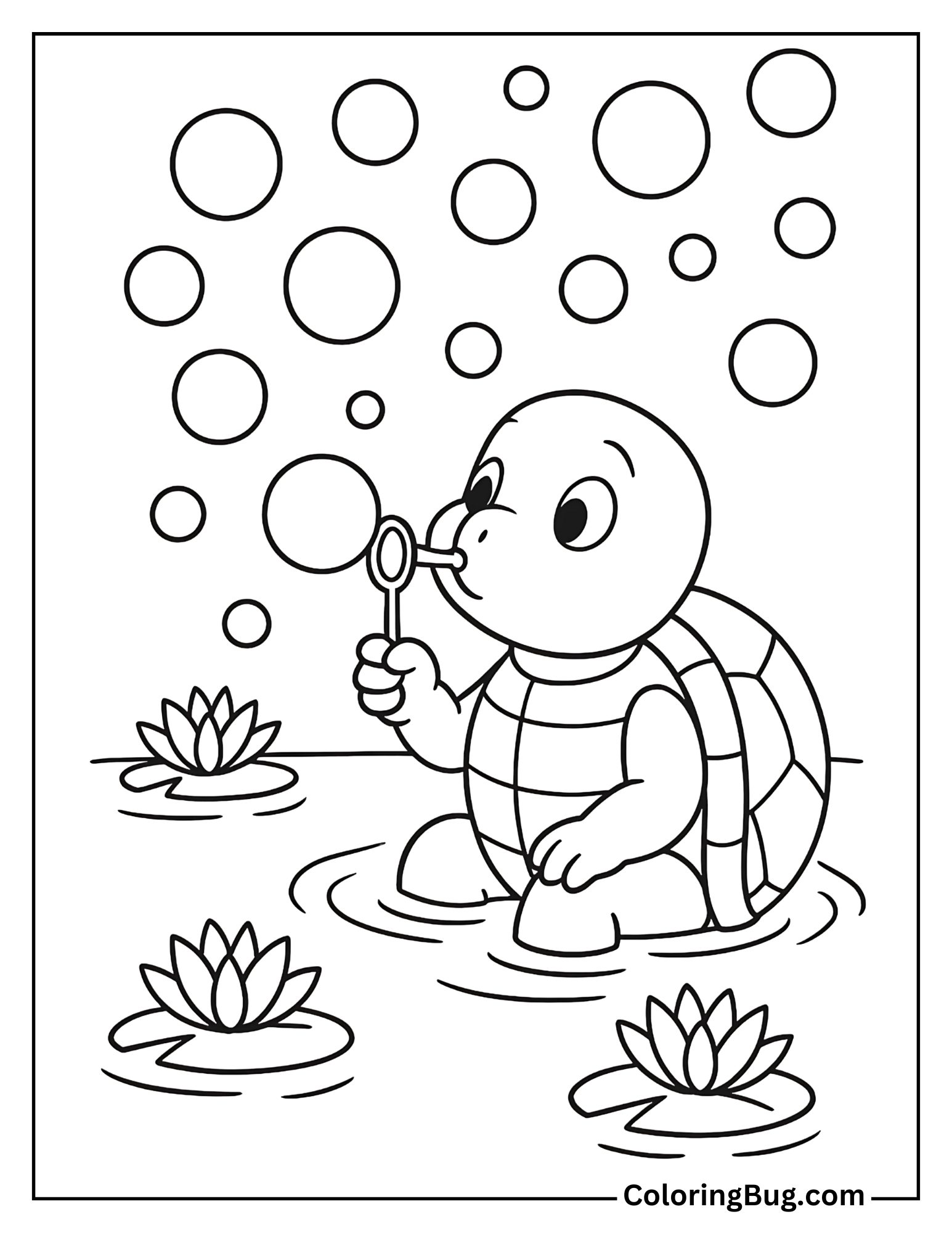 Turtle Blowing Bubbles in a Pond Coloring Sheet