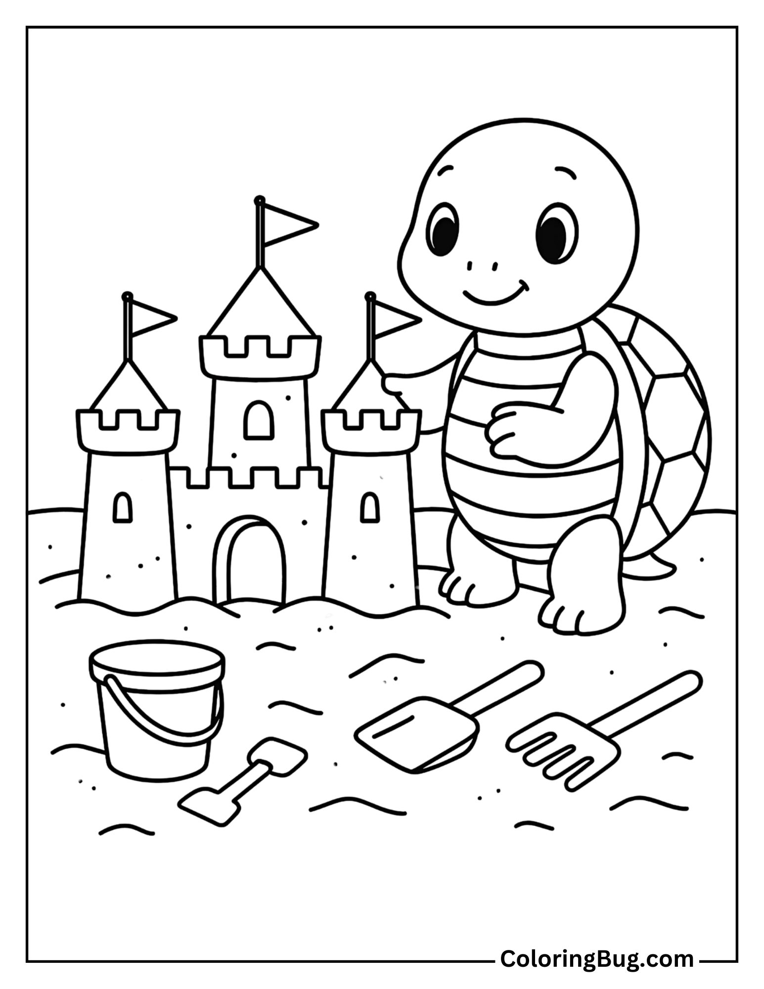 Turtle Building a Sandcastle Coloring Sheet