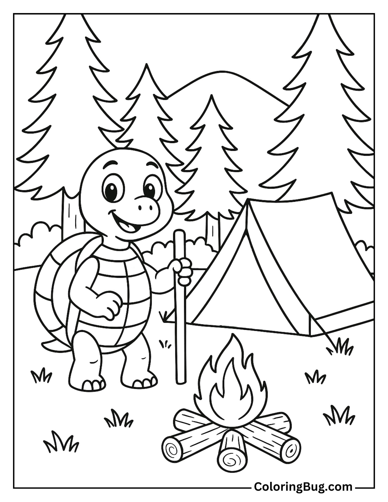 Turtle Camping in Woods Coloring Sheet