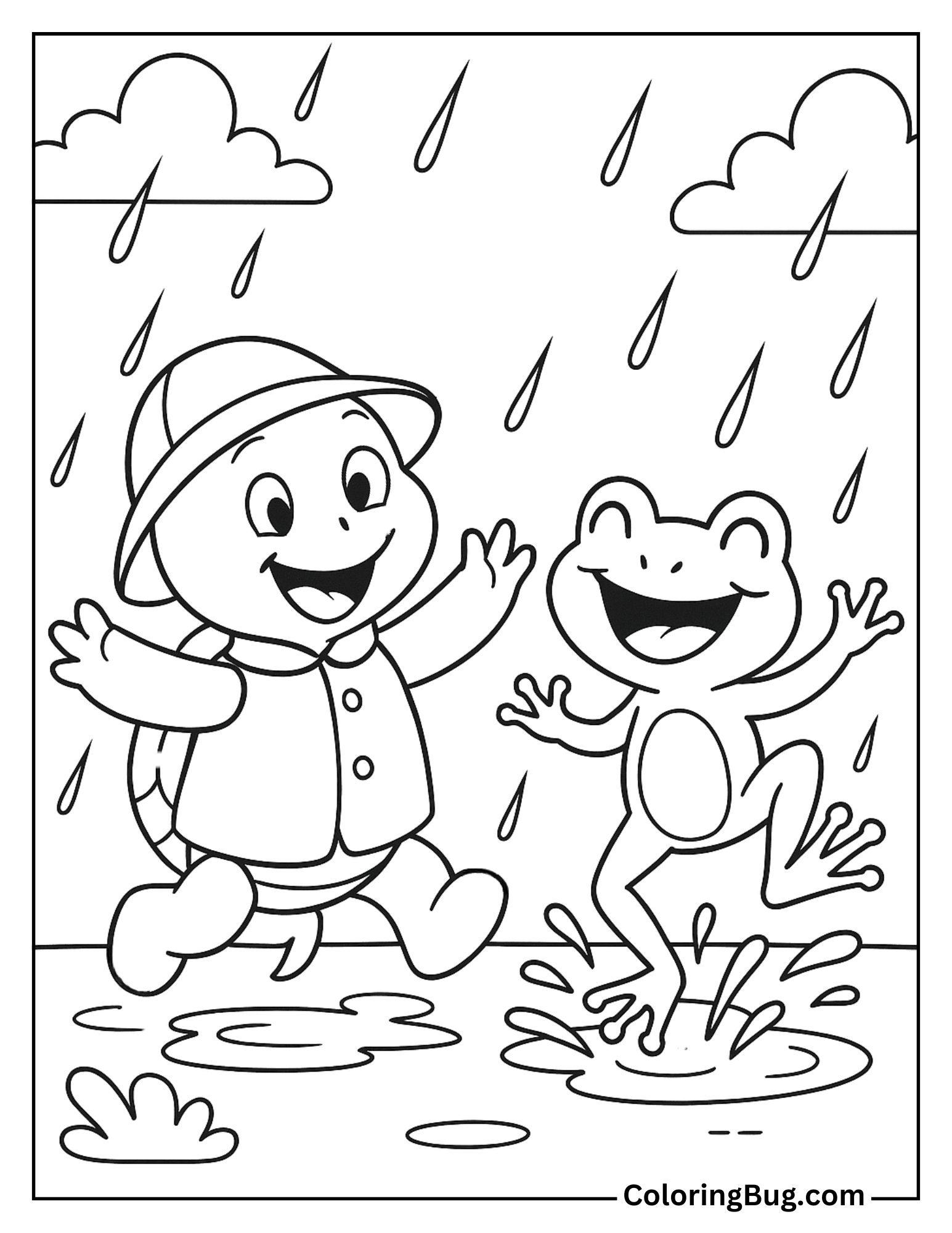 Turtle Dancing in the Rain with a Frog Coloring Sheet