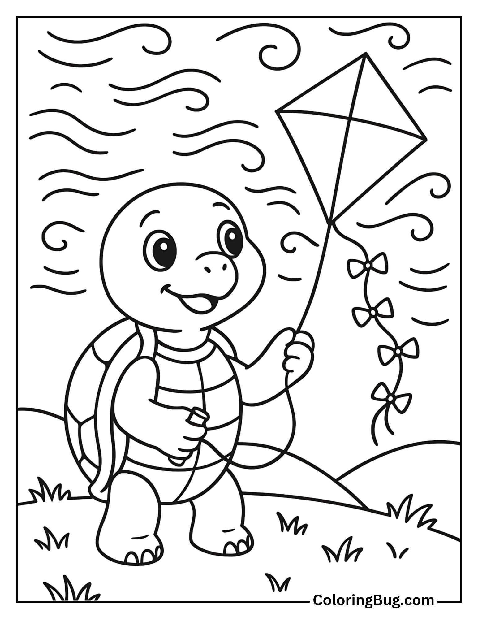 Turtle Flying a Kite in a Meadow Coloring Sheet
