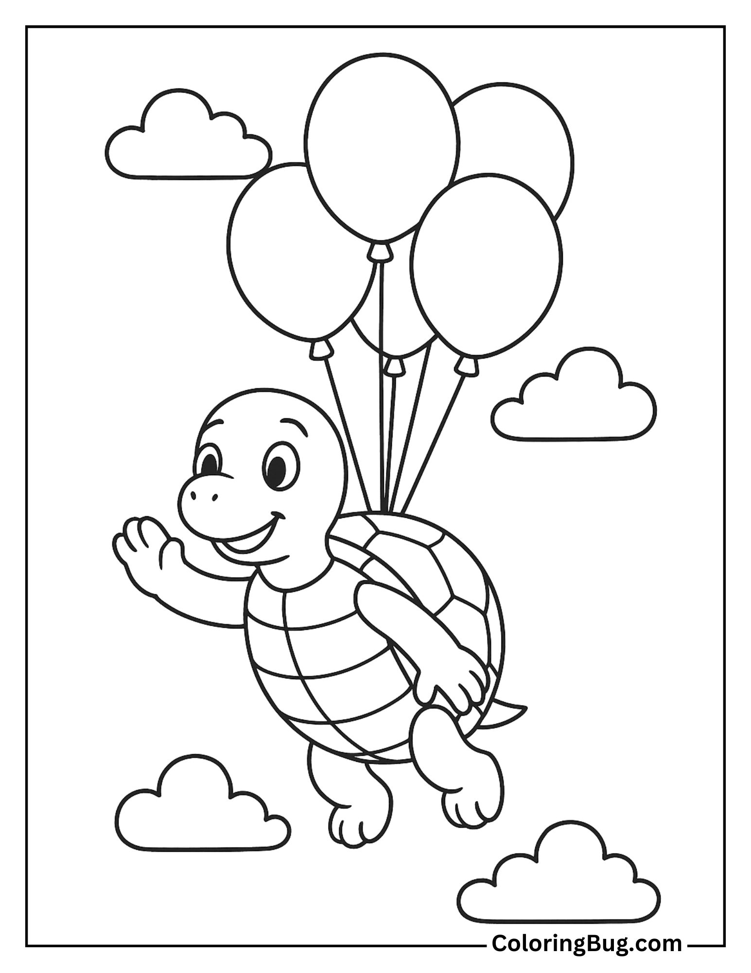 Turtle Flying with Balloons Uplifting Scene Coloring Sheet