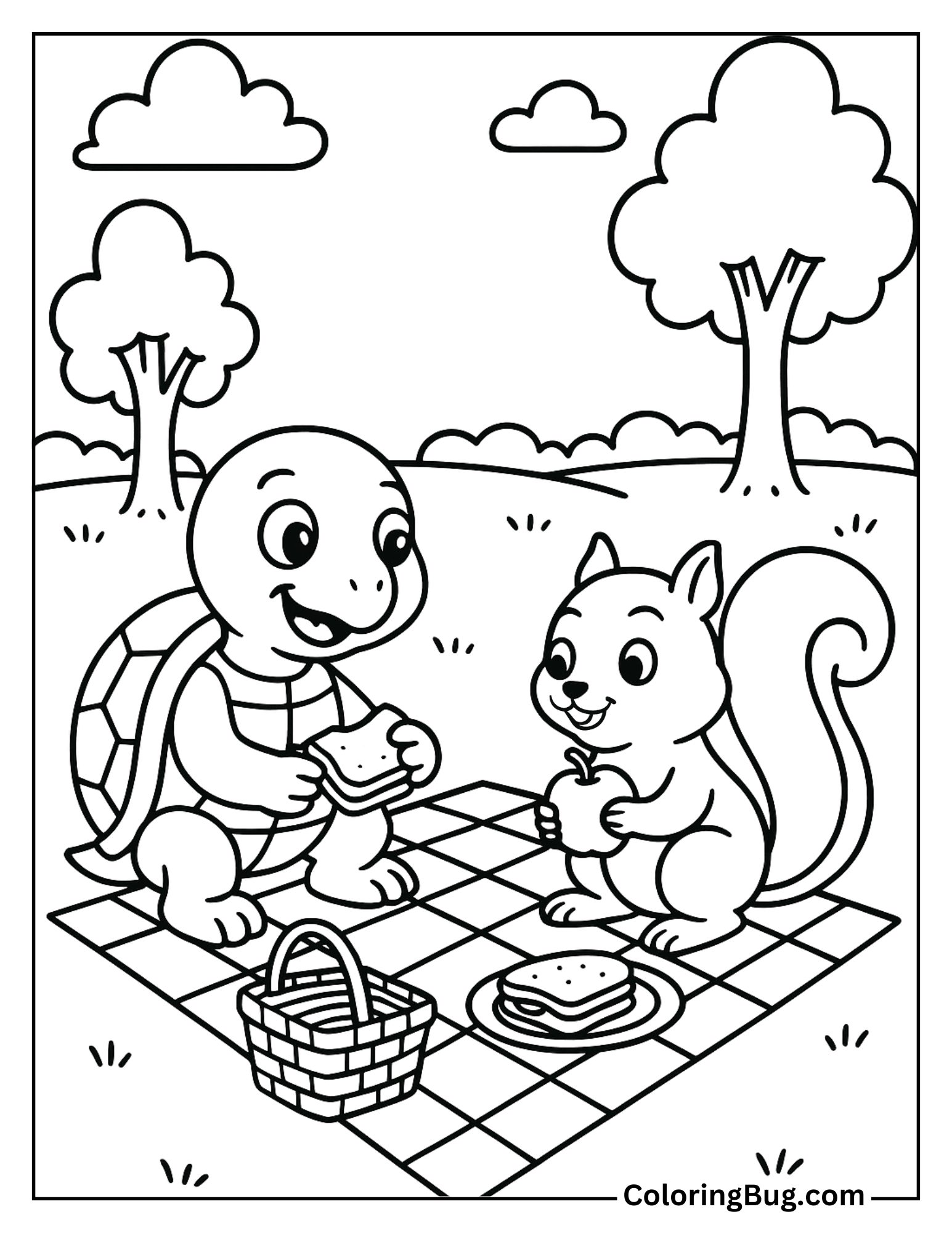 Turtle Having a Picnic with a Squirrel Coloring Sheet