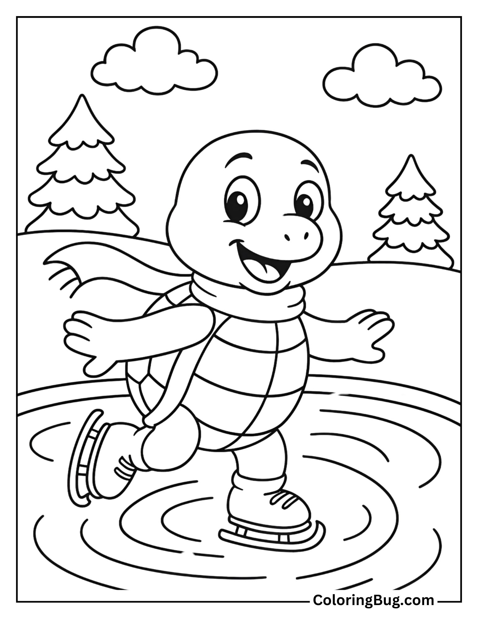 Turtle Ice Skating on a Pond Coloring Sheet