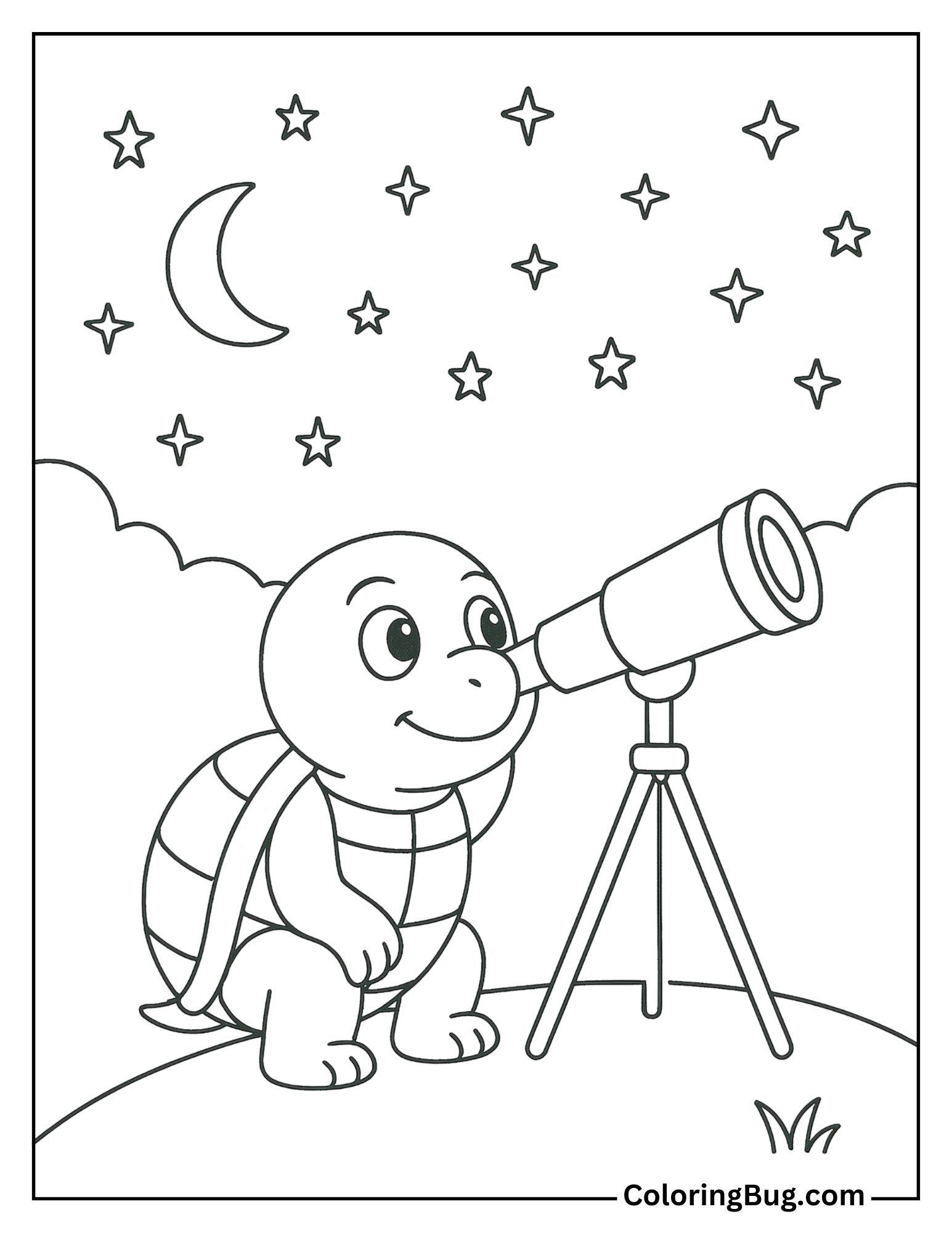Turtle Looking at Stars with a Telescope Coloring Sheet