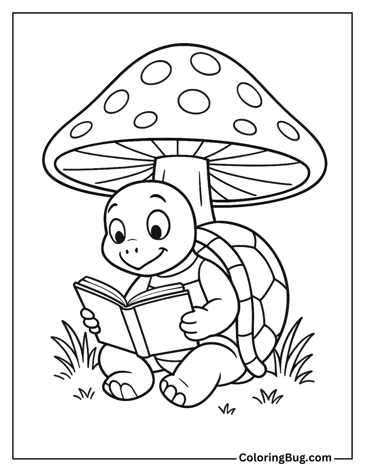 Turtle Reading a Book Under a Mushroom Coloring Sheet