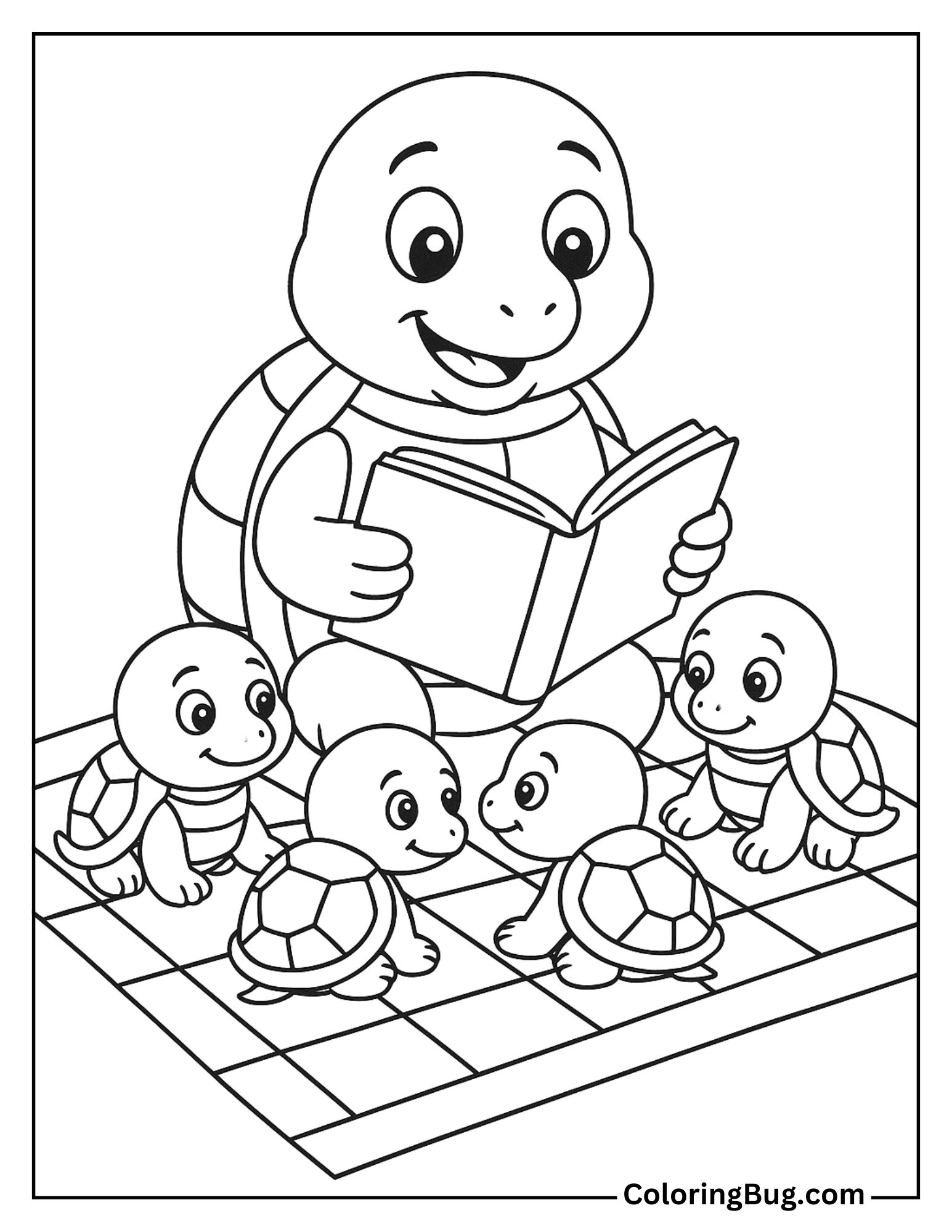 Turtle Reading to Baby Turtles Coloring Sheet