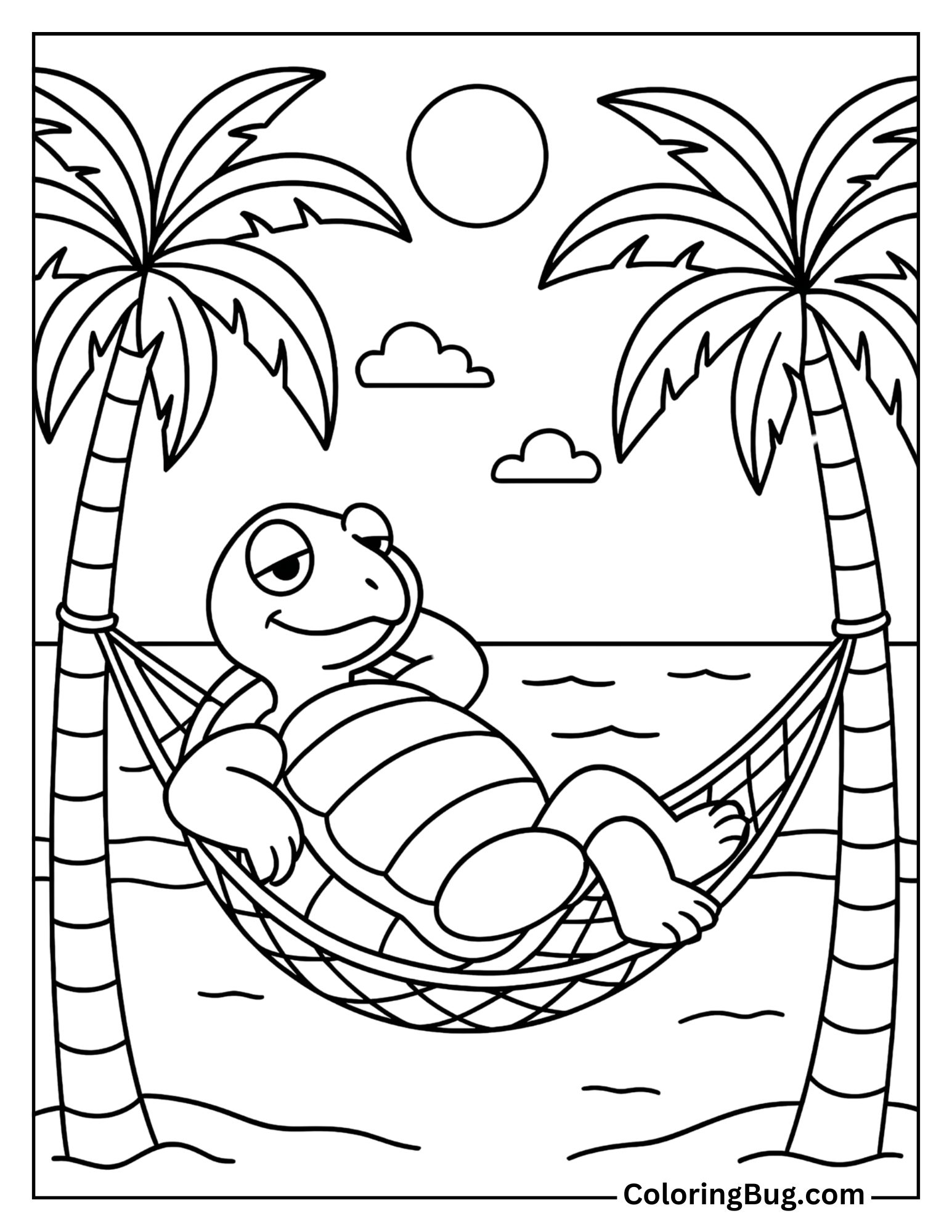 Turtle Relaxing on a Hammock Coloring Sheet