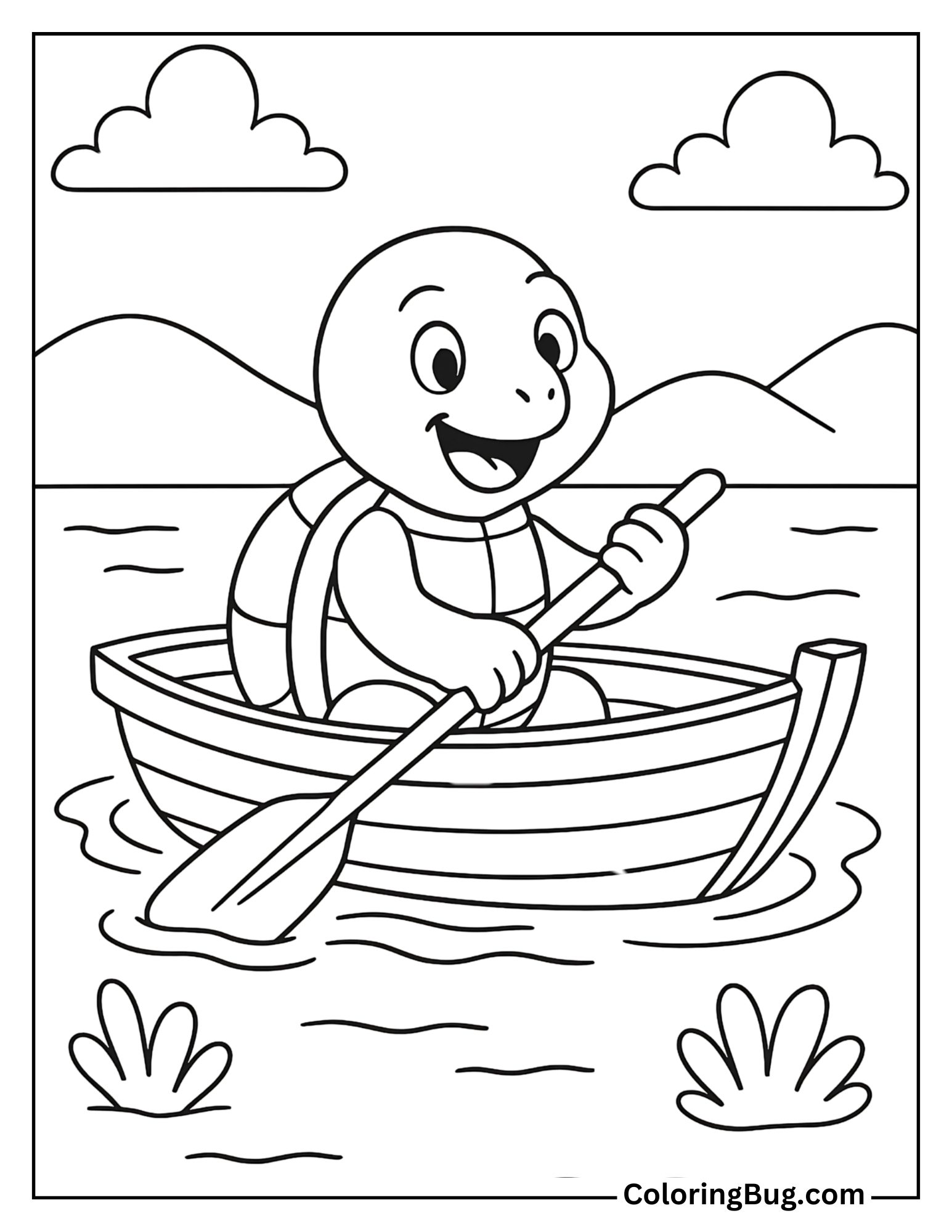 Turtle Riding Boat Coloring Sheet